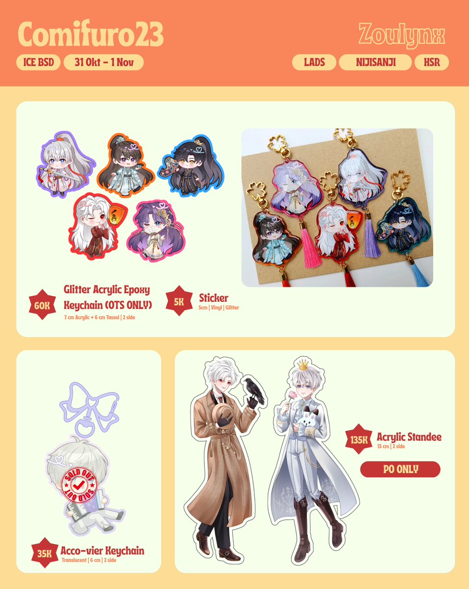 zoulynx's tweet photo. [🔁 and 🩷 TYSM!]

Zoulynx #CF23 Pre Order (Batch 2) are now open💞

🗓 26 Sept–03 Oct
💌 Pick-up both days &amp; mail (via JNE)
‼️All batch 2 items are limited, some items won’t be available ots!

⭐ LADS, Nijisanji, HSR

(1/3) Po details⬇️
#comifuro23 #cf23catalogue https://t.co/waHg2SMMpW