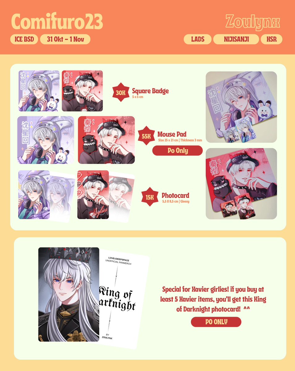 zoulynx's tweet photo. [🔁 and 🩷 TYSM!]

Zoulynx #CF23 Pre Order (Batch 2) are now open💞

🗓 26 Sept–03 Oct
💌 Pick-up both days &amp; mail (via JNE)
‼️All batch 2 items are limited, some items won’t be available ots!

⭐ LADS, Nijisanji, HSR

(1/3) Po details⬇️
#comifuro23 #cf23catalogue https://t.co/waHg2SMMpW