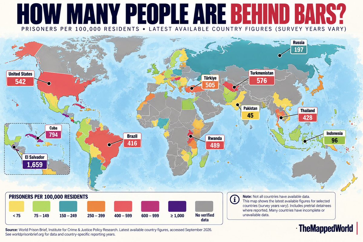 TheMappedWorld's tweet photo. Prison population per 100,000 residents https://t.co/utDarGi5K4