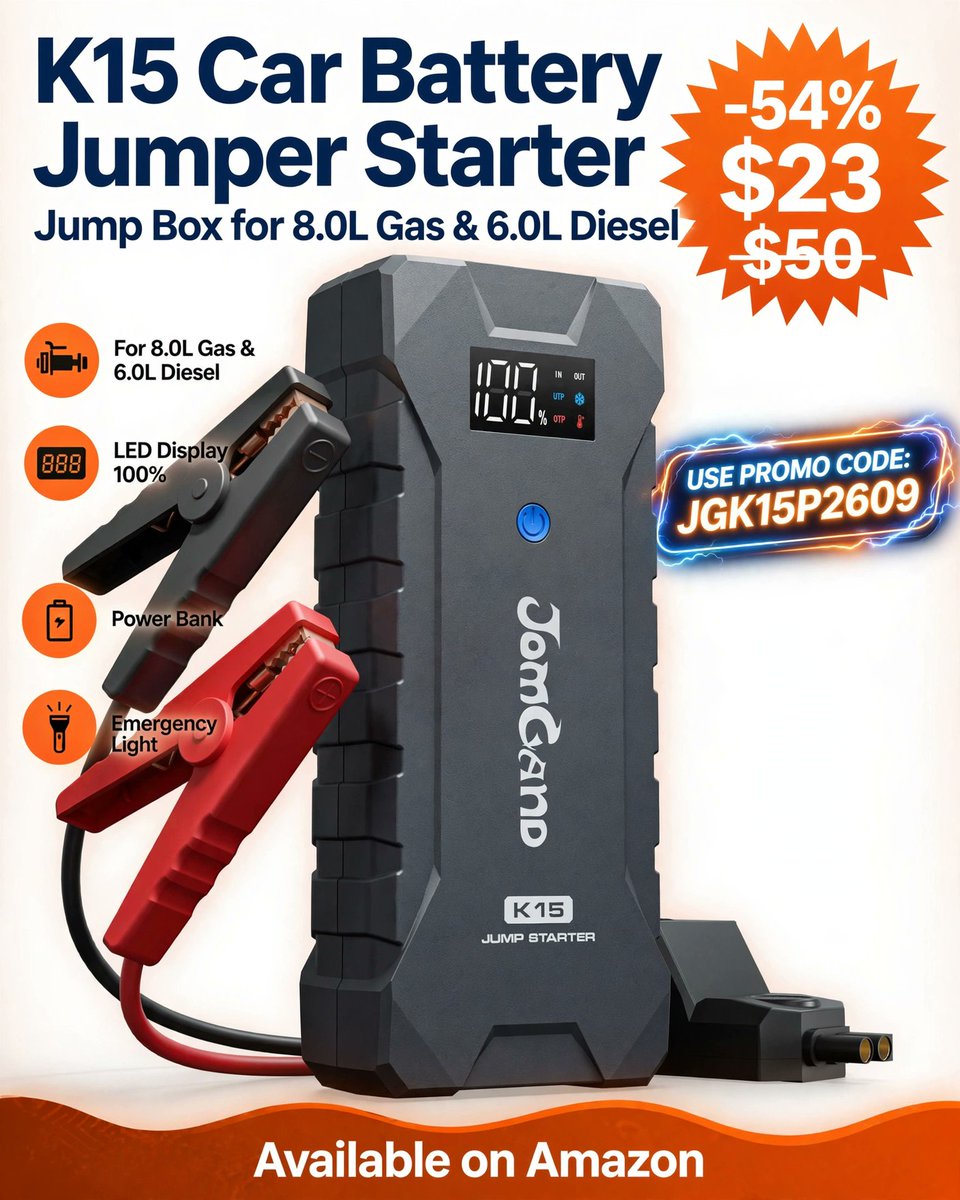 PrimesDeals's tweet photo. 🚗 K15 Car Battery Jumper Starter 🚗

⚡ Powerful Jump-Starting Capability
⛽ Supports Up to 8.0L Gas
🛻 Supports Up to 6.0L Diesel
🏷️ Use Promo Code: JGK15P2609
💰 54% OFF — $23.00
🔗 Affiliate Link 👉 https://t.co/r1L9otpZv0 https://t.co/okyNX3Rgr6