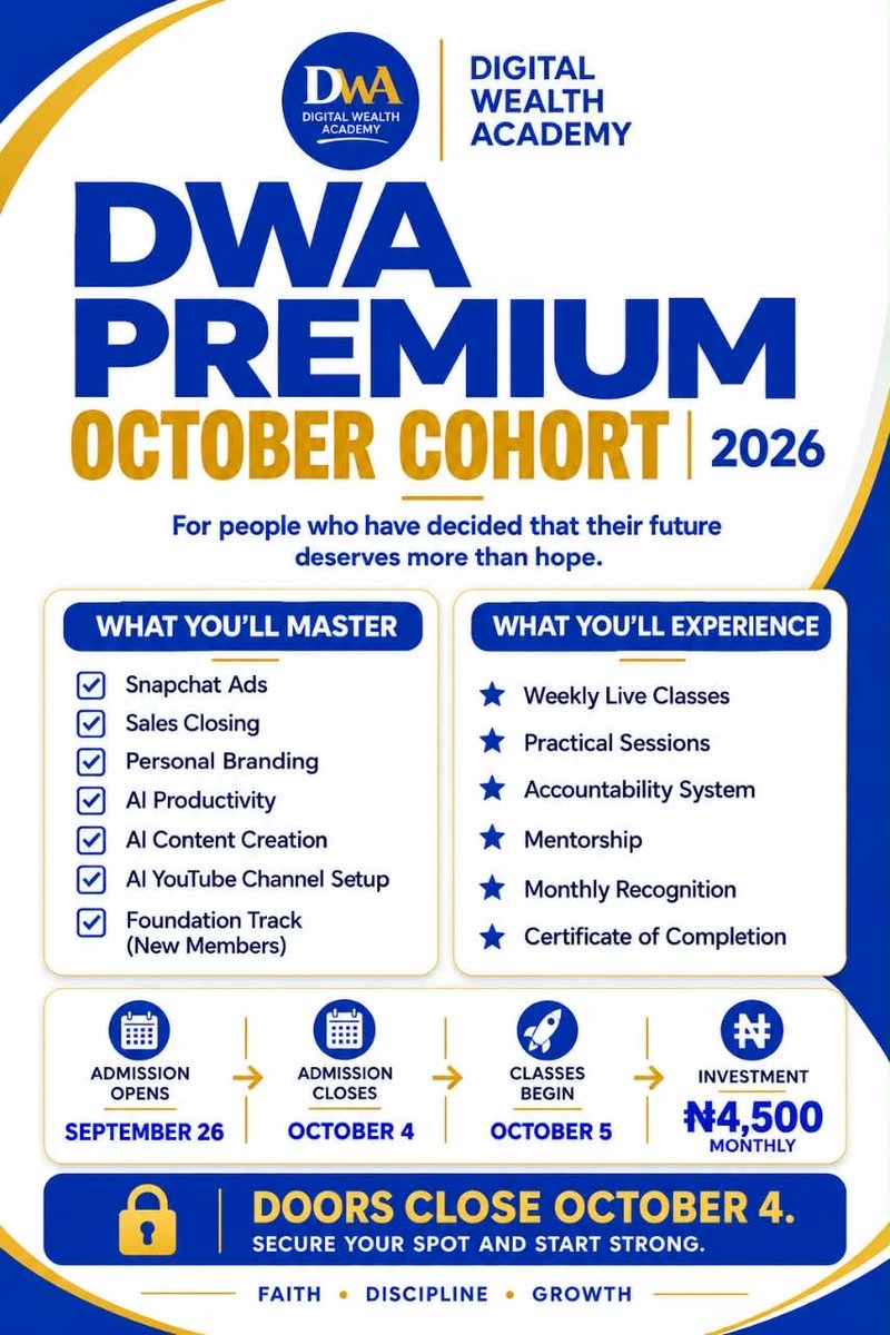 WealthAcademy11's tweet photo. Guess what’s coming ?🔥

DWA Premium is stepping into the October quarter with practical sessions designed to help you build and improve digital skills you can actually use.

From Snapchat Ads, Sales Closing, Personal Branding, AI Productivity, AI Content Creation and AI YouTube to the Foundation Track, Weekly Live Classes and more.

You won’t just learn and move on. You’ll get practical sessions, accountability and mentorship to help you put what you learn into action.

October is another quarter to learn, implement and grow. 😌🤍