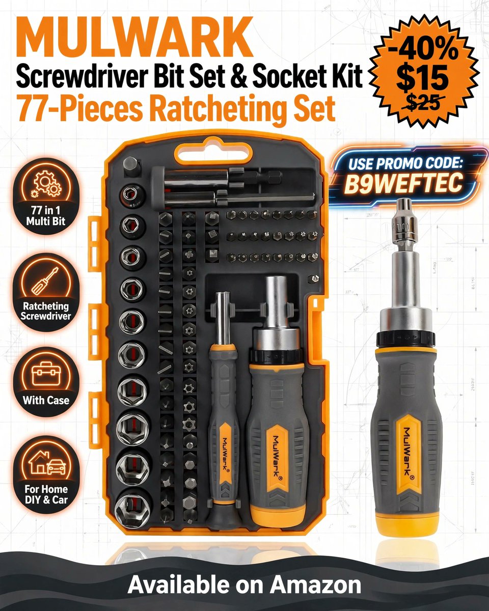 PrimesDeals's tweet photo. 🛠️ MULWARK 77-in-1 Screwdriver &amp; Socket Set 🛠️

🔩 77-Piece Multi-Bit Kit
🔄 Ratcheting Screwdriver
📦 Includes Storage Case
🏷️ Use Promo Code: B9WEFTEC
💰 40% OFF — $15.00
🔗 Affiliate Link 👉 https://t.co/a2po3GCEm1 https://t.co/IGZbYLHwRW