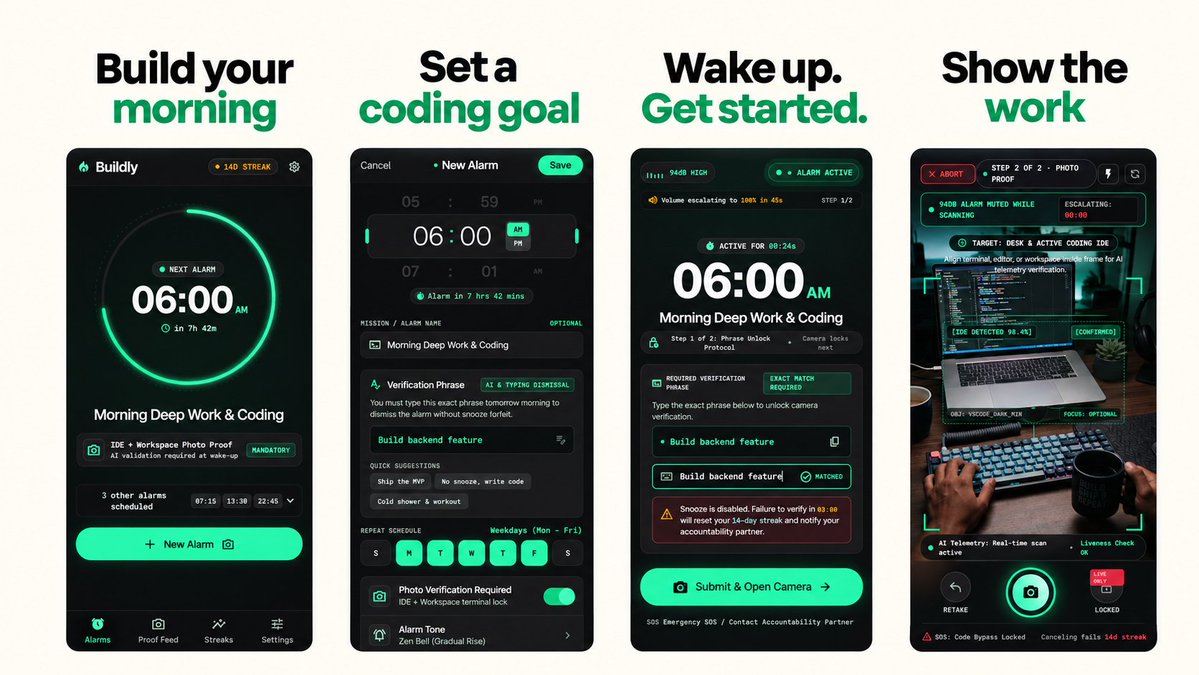 firojalam2's tweet photo. Building an alarm app that makes you actually sit at your desk to shut it off.

Set a task + time. Alarm rings full volume till you type the exact task phrase back then it unlocks the camera, and an on-device check confirms your laptop/IDE/Desk is actually in frame.

UI's dark, terminal-style. Built for devs, not for a wellness app vibe.