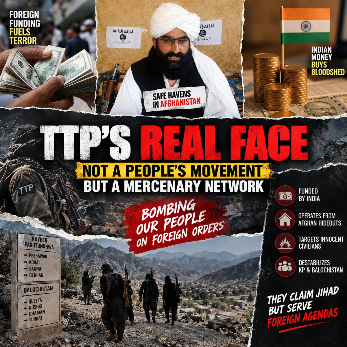 Hiraabbasi2020's tweet photo. The hypocrisy of #TTP is staggering. They claim to fight for the people, yet their entire agenda relies on #Indian funding and Afghan hideouts to bomb local communities in KP and Balochistan. Their mask has slipped completely—they are nothing but mercenary guns for hire. #FitnaAlKhawarij #PakistanDefeatsTerror
#AfghanTaliban