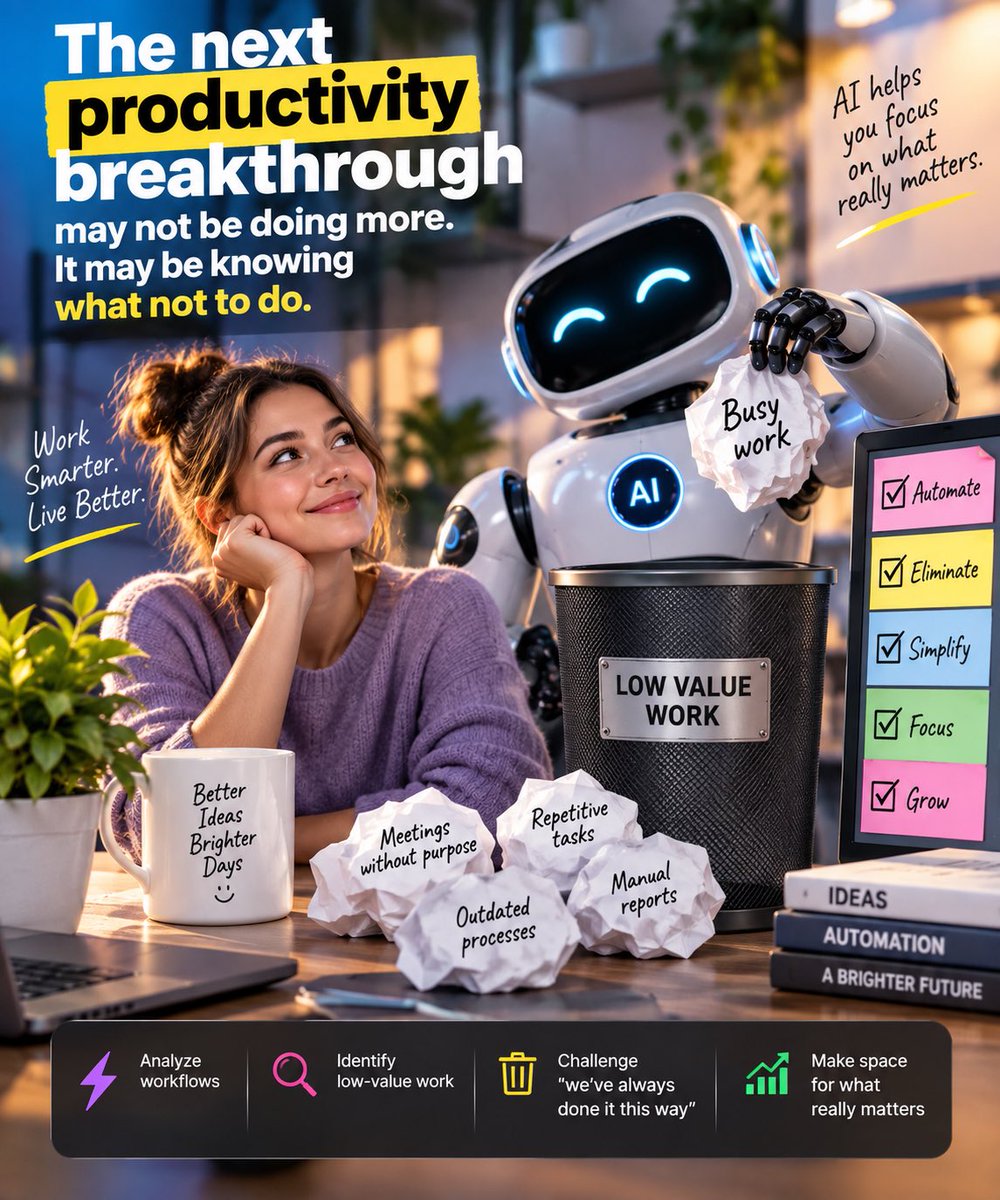 visautomation's tweet photo. The next productivity breakthrough may not be doing more.

It may be knowing what not to do.

AI can analyze workflows, identify low-value work, and question tasks that exist only because “we’ve always done it this way.”

#AI #Automation #Productivity #FutureOfWork https://t.co/4TbDm403XN