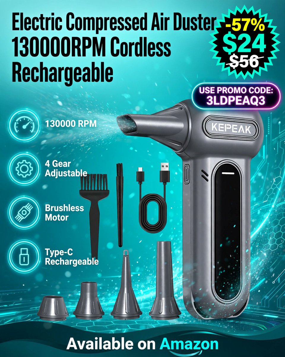 PrimesDeals's tweet photo. 💨 130,000RPM Electric Air Duster 💨

⚡ Powerful Brushless Motor
🔋 Cordless &amp; Rechargeable
🎛️ 4 Adjustable Speed Gears
🏷️ Use Promo Code: 3LDPEAQ3
💰 57% OFF — $24.00
🔗 Affiliate Link 👉 https://t.co/gyauW0V3fn https://t.co/4Gp84uJwVo