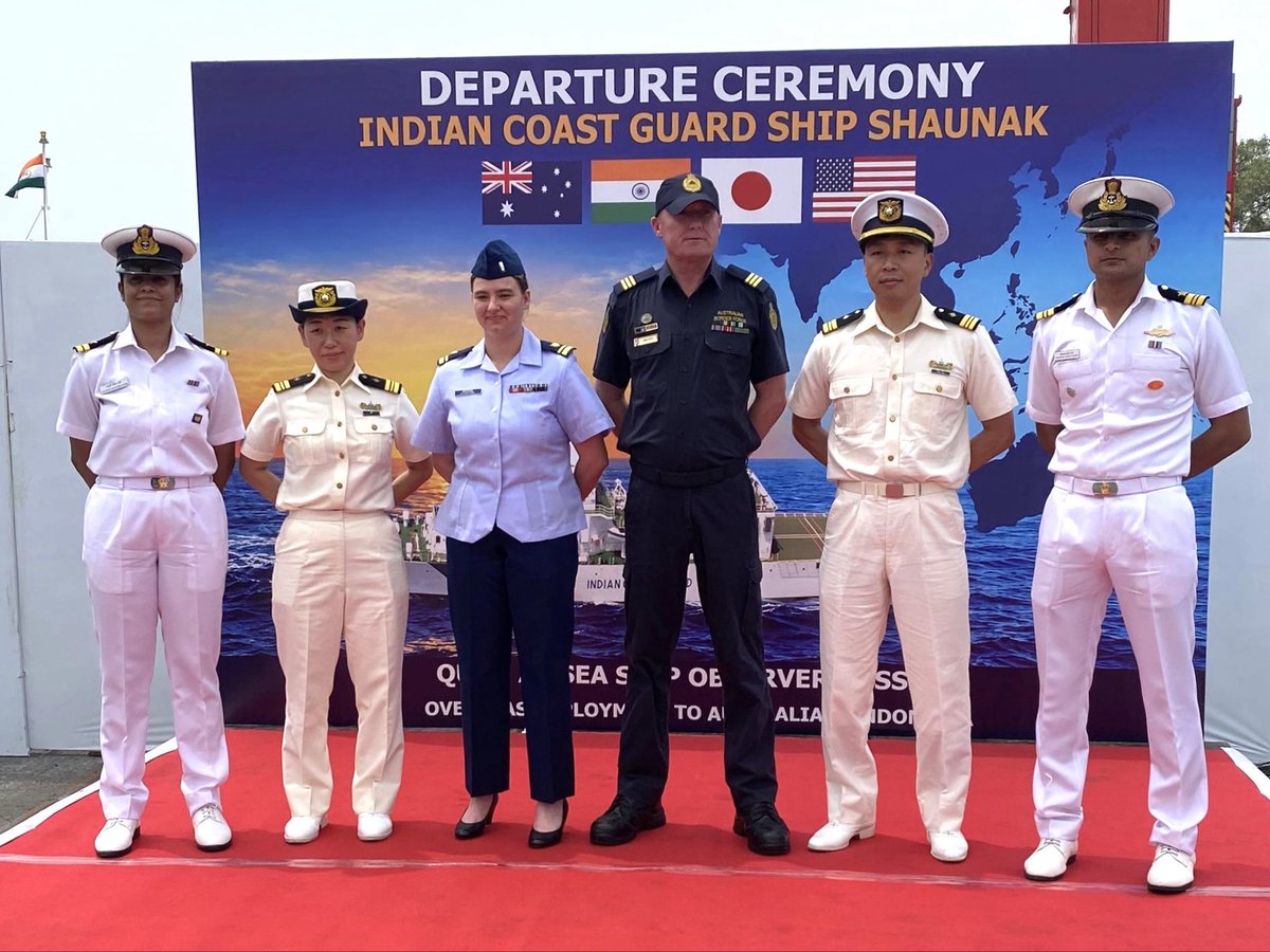 USAndChennai's tweet photo. A major milestone for Mission India and Quad cooperation!  The departure of @IndiaCoastGuard Shaunak from Chennai marks the first-ever Quad Shiprider mission hosted aboard an Indian vessel, and just the second-ever conducted globally.  Officers from the U.S., India, Japan, and Australia are now en route to Perth alongside the Indian Coast Guard, working together on maritime domain awareness, law enforcement capacity, and search-and-rescue interoperability.  Together, Quad partners are turning shared responsibilities into seamless operational capabilities to keep our seas secure!