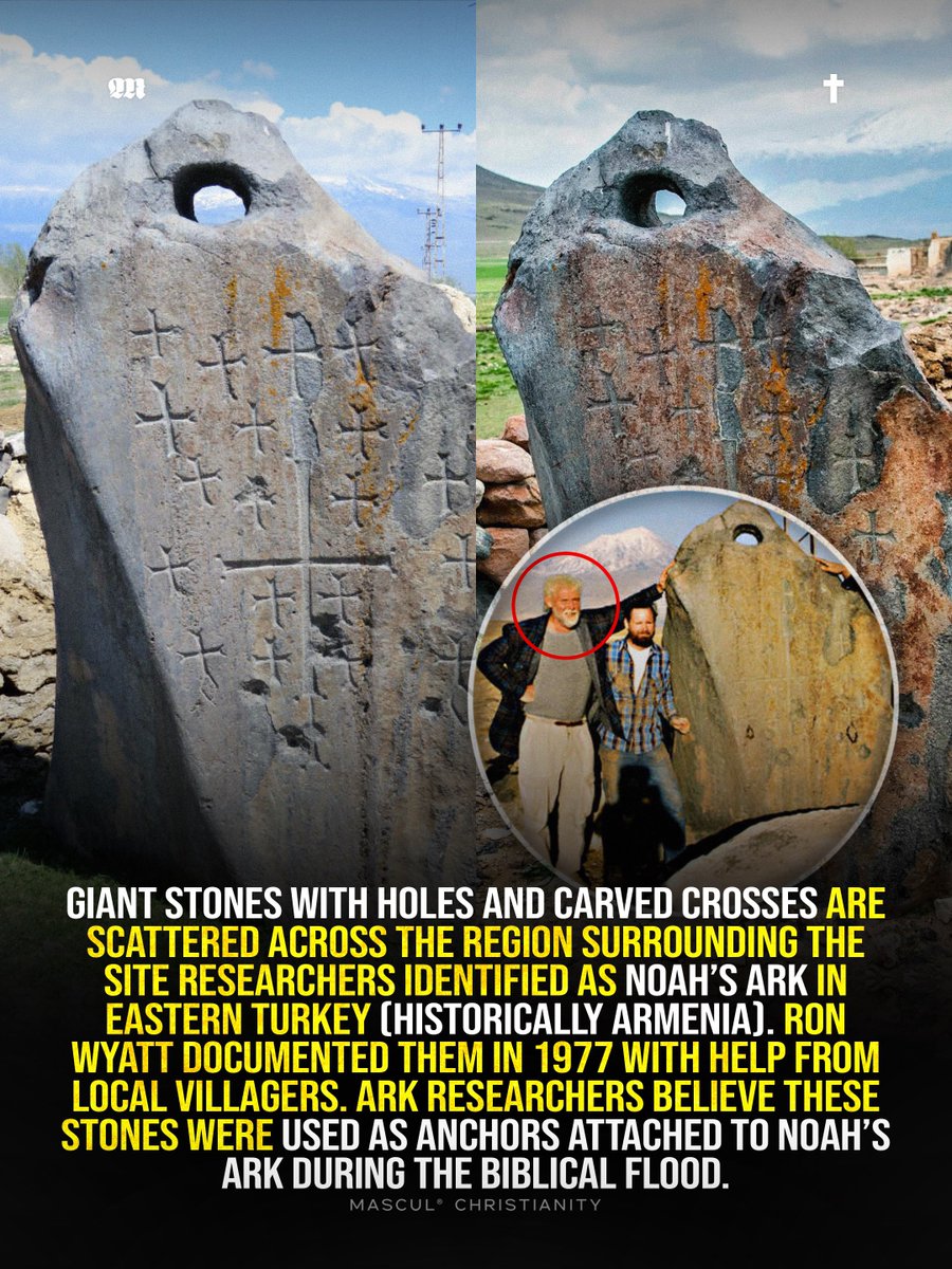 masculchristian's tweet photo. Researchers believe the giant pierced stones surrounding the Noah’s Ark site in eastern Turkey (historically Armenia) may have been used as anchors or stabilizing weights during the biblical Flood. Ron Wyatt already documented the stones in 1977, and many originally showed eight crosses representing Noah’s family before tourists and local residents later carved additional crosses into them.
