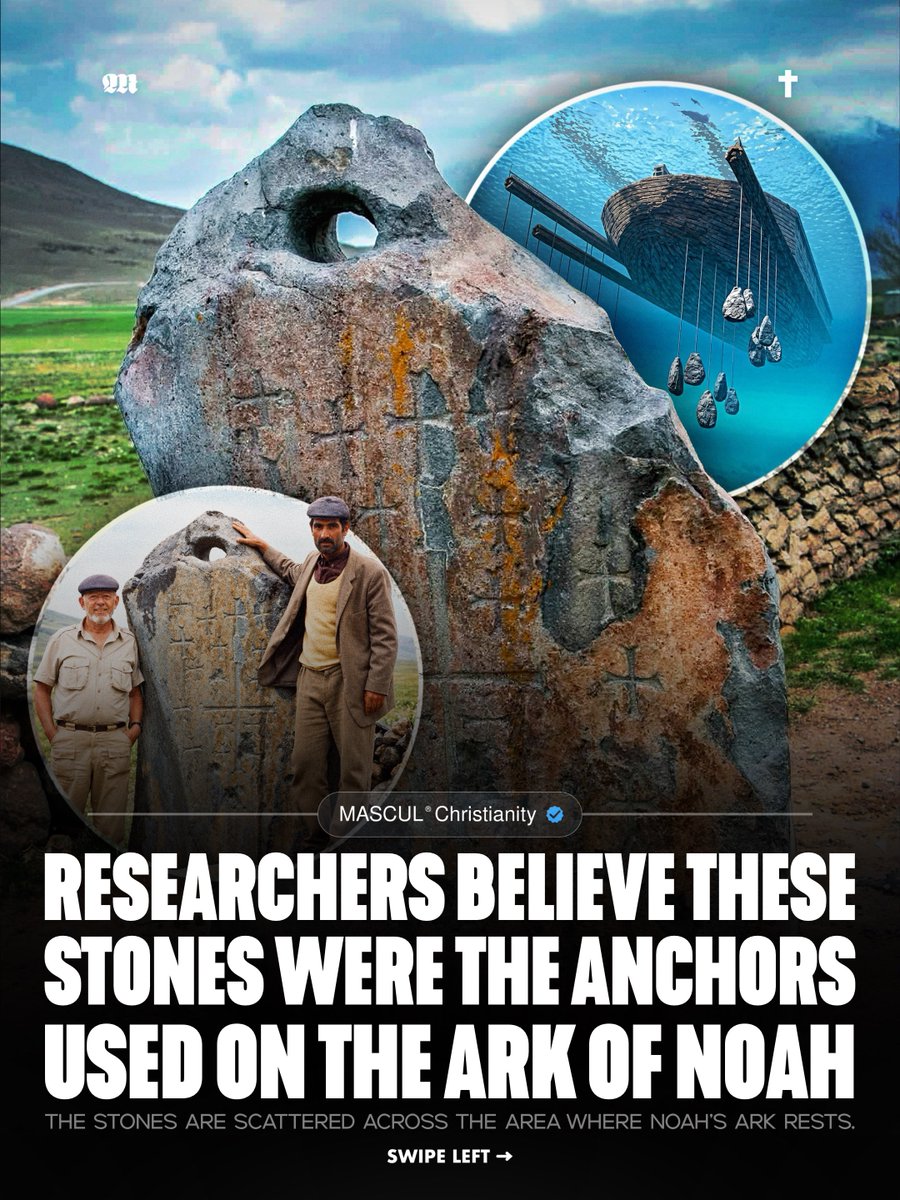 masculchristian's tweet photo. Researchers believe the giant pierced stones surrounding the Noah’s Ark site in eastern Turkey (historically Armenia) may have been used as anchors or stabilizing weights during the biblical Flood. Ron Wyatt already documented the stones in 1977, and many originally showed eight crosses representing Noah’s family before tourists and local residents later carved additional crosses into them.