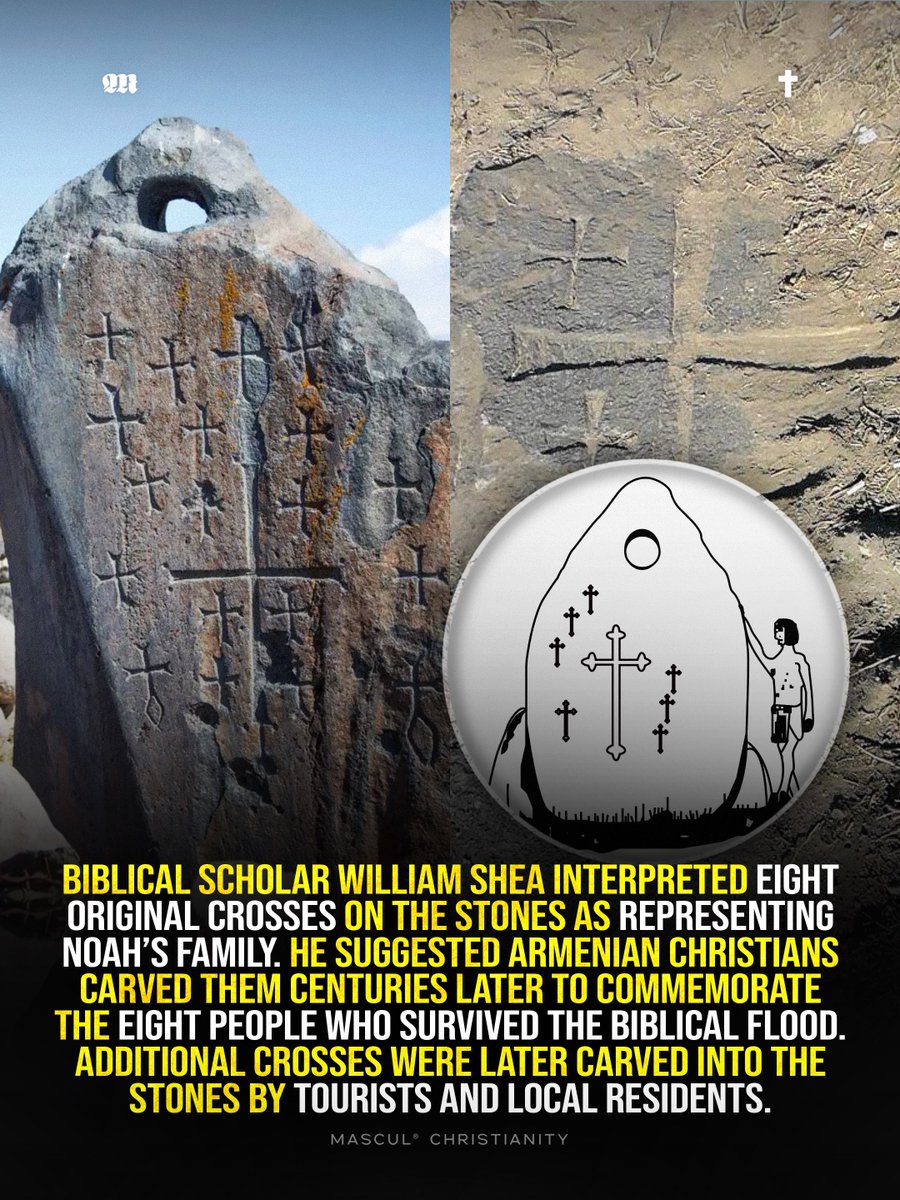 masculchristian's tweet photo. Researchers believe the giant pierced stones surrounding the Noah’s Ark site in eastern Turkey (historically Armenia) may have been used as anchors or stabilizing weights during the biblical Flood. Ron Wyatt already documented the stones in 1977, and many originally showed eight crosses representing Noah’s family before tourists and local residents later carved additional crosses into them.