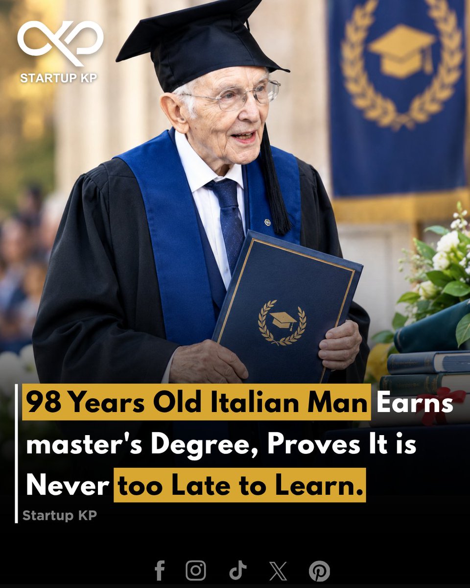 theStartupkp's tweet photo. A remarkable story of lifelong learning continues to inspire people as Italian academic Giuseppe Paterno earned a master’s degree at the age of 98.
#thestartupkp #italy #education #inspiration #MastersDegree #SuccessStory #NeverTooLate #motivation #learning #achievement https://t.co/TgIbakhV9W
