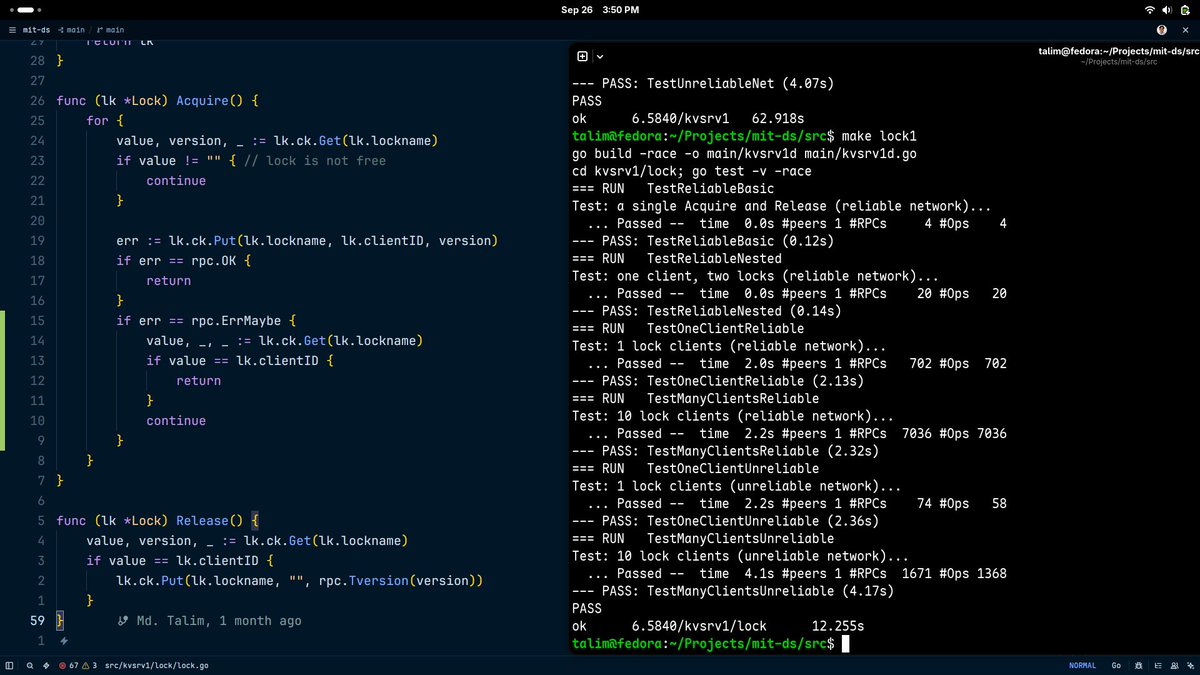 talimbuilds's tweet photo. MIT 6.5840 Lab 2 done. Lock works over the unreliable KV client.

All lock1 tests passing (including many clients + unreliable network). https://t.co/rCais5WcNX