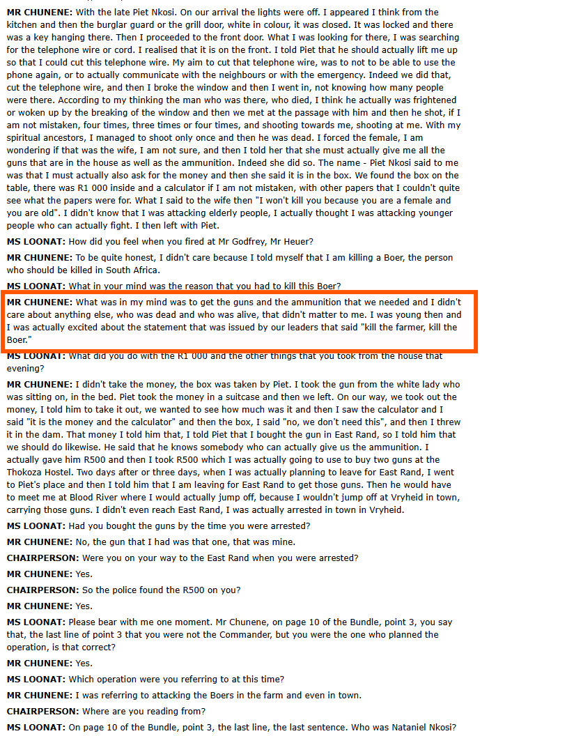 InfilExfil's tweet photo. I'm not sure why there's ambiguity about this.
We have documented TRC testimonies about this.

One such case number: AM5009/97
NTOTOGO ERIC CHUNENE

He quite literally told the commission that he acted on the instructions of his leaders to "kill the boer, kill the farmer"

Why are we having issues connecting the dots?
Here's another conspiracy theory for you.

Julius Malema is always asked to come back to the ANC. Some leaders are on video in press briefings making statements that Julius will always be in the ANC.

Maybe Julius Malema wasn't expelled from the ANC. Maybe he was given a side quest that couldn't blow back onto the ANC? With one simple mission: Incite a situation that would make living on farms unimaginable and cause people to abandon them.

This would, of course, be considered a genocide if it were true.

All just theory, of course. Making concrete statements would require evidence, because the WORDS coming out of his mouth, it appears, are not enough for modern society.