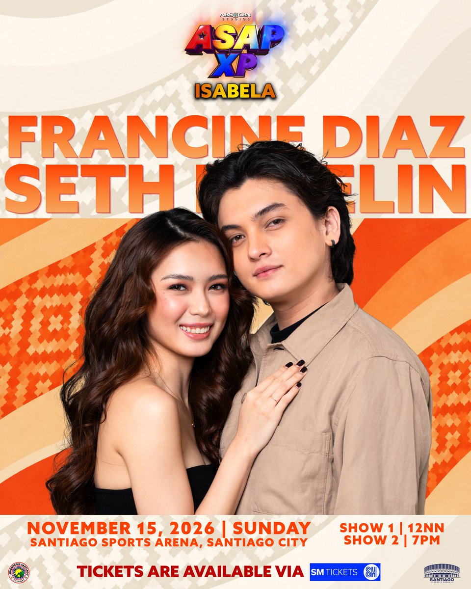 ASAPOfficial's tweet photo. Super sweet feels, OTW na sa Isabela! 🥰

Fresh from iWant’s hit series, “A Cake to Remember”, #FRANSETH is ready to party with our Kapamilyas in Santiago City, Isabela! 🫶

Seth Fedelin and Francine Diaz are officially part of the star-studded lineup of ASAP XP Isabela! November 15, 2026, at the Santiago Sports Arena! ✨😍

FranSeth fans sa Cagayan Valley, ito na ang chance niyong makita sila at ma-XPerience ang kilig from your idols LIVE! Secure your tickets now and let’s make this a concert party to remember!

https://t.co/hsrdhfobi1

#ASAPXP #ASAPXPIsabela