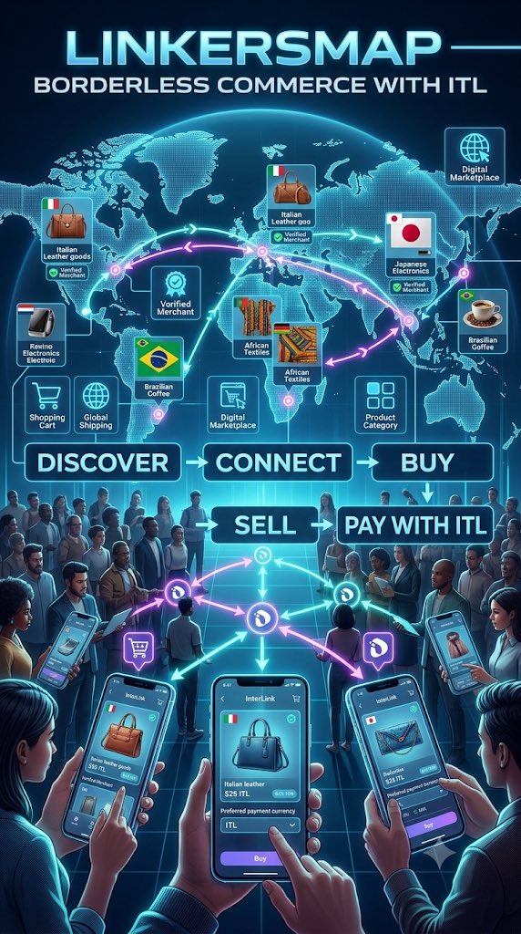 Naga0bp's tweet photo. Discover global commerce with LinkersMap! Seamlessly connect buyers and verified merchants worldwide to buy, sell, and settle transactions instantly using ITL. Powering the future of borderless trade. 🌐💳
#InterLink #ITLG #ITL #Web3Commerce https://t.co/Uu2GG2NruD