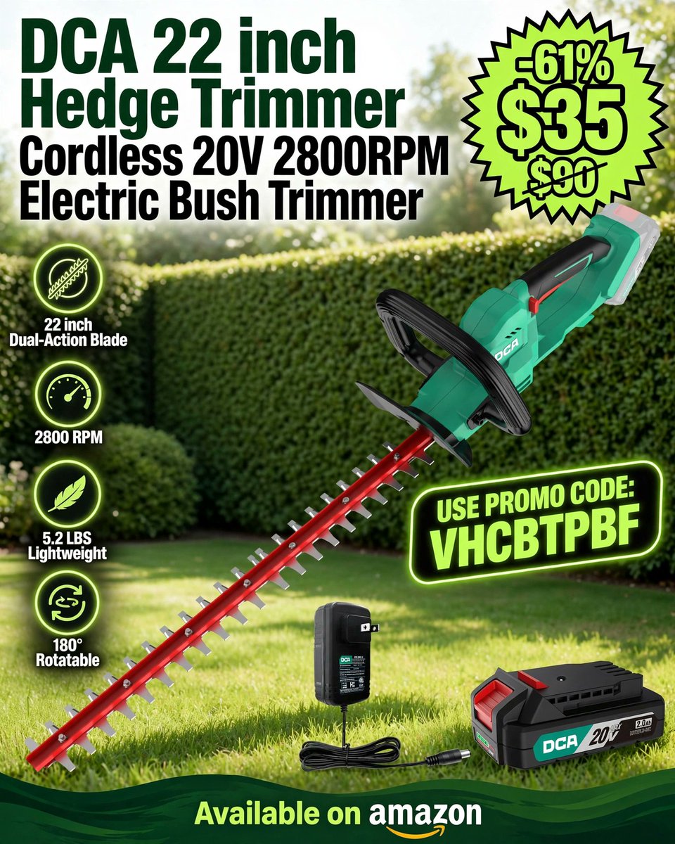 PrimesDeals's tweet photo. 🌿 DCA 22" Cordless Hedge Trimmer 🌿

⚡ 20V Motor — 2800 RPM
✂️ Dual-Action Blade
🔄 180° Rotatable Design
🏷️ Use Promo Code: VHCBTPBF
💰 61% OFF — $35.00
🔗 Affiliate Link 👉 https://t.co/0VpLxqVruX https://t.co/dGa2BEPiGl