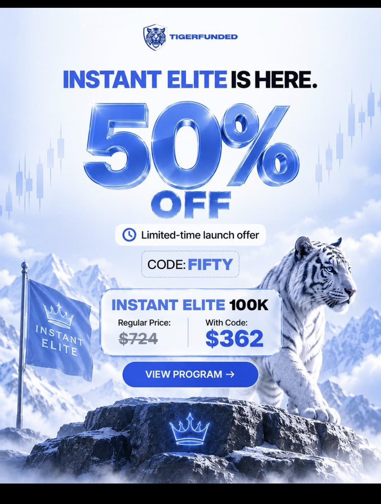 HabuMufty's tweet photo. new @TigerFunded program built around a more flexible structure

✓ Zero consistency rules
✓ Zero minimum valid ds
✓ Zero time lim

Launch offer: 50% OFF
Code: FIFTY

Explore Instant Elite. Link b

Program rules, eligibility and promotional terms apply

TigerFunded InstantElite https://t.co/gpXgFdo46o