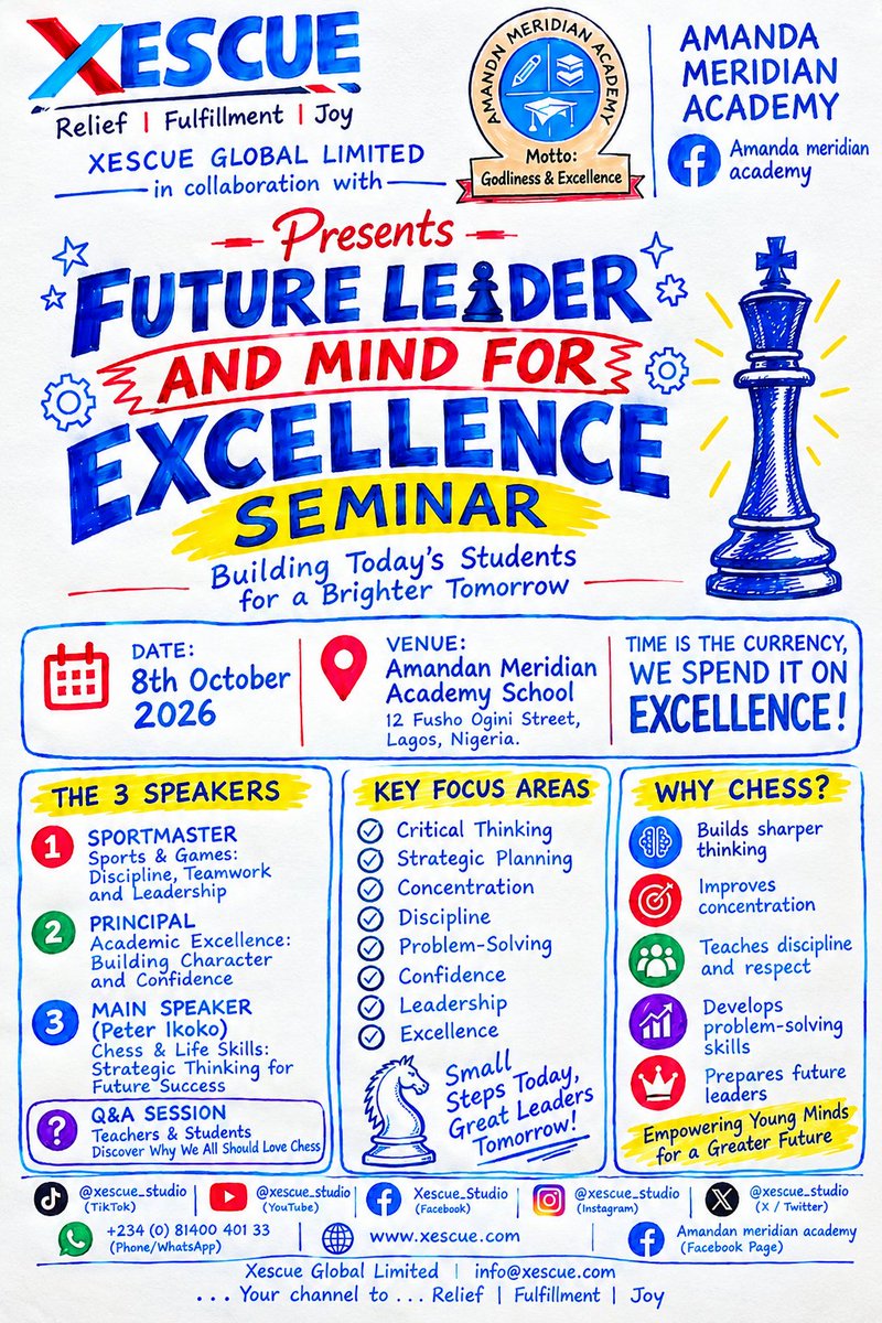 xescue_studio's tweet photo. ♟️ GREAT MINDS THINK AHEAD! 🚀

 Xescue presents the Future Leader &amp; Minds for Excellence Seminar at Amandan Meridian Academy. Building critical thinking, strategy, discipline &amp; leadership through chess, sports &amp; games.

 📅 8 Sept 2026 
#Xescue #Chess #FutureLeaders #Education https://t.co/EyAYyXbjAl