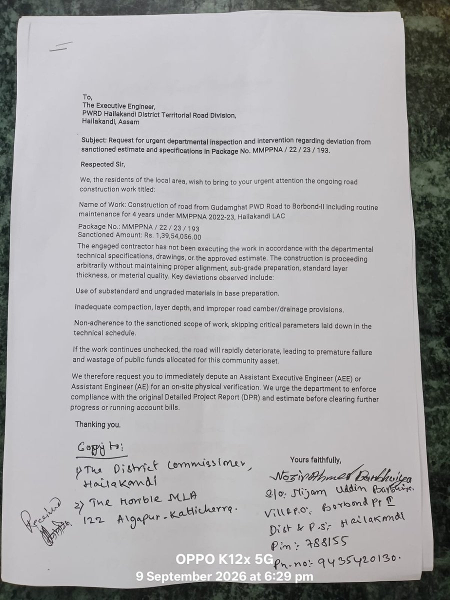 MahummadZahid's tweet photo. The ongoing road construction from Gudamghat PWD Road to Borbond-II under MMPPNA22-23  is facing severe deterioration due to substandard materials and poor execution
Complaints submitted to the authorities remain unaddressed. @mygovassam @CMOfficeAssam @PWD_Assam  @DC_Hailakandi https://t.co/8UzaV08A2r