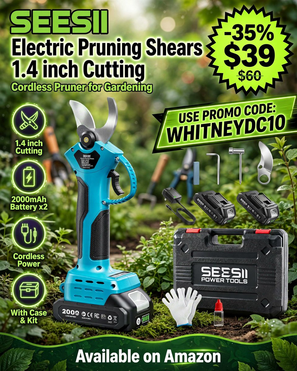 PrimesDeals's tweet photo. 🌿 SEESII Electric Pruning Shears 🌿

✂️ 1.4" Cutting Capacity
🔋 Cordless Electric Design
🌳 Perfect for Gardening
🏷️ Use Promo Code: WHITNEYDC10
💰 35% OFF — $39.00
🔗 Affiliate Link 👉 https://t.co/zeEtcxp2Hk https://t.co/39REi6hSXR