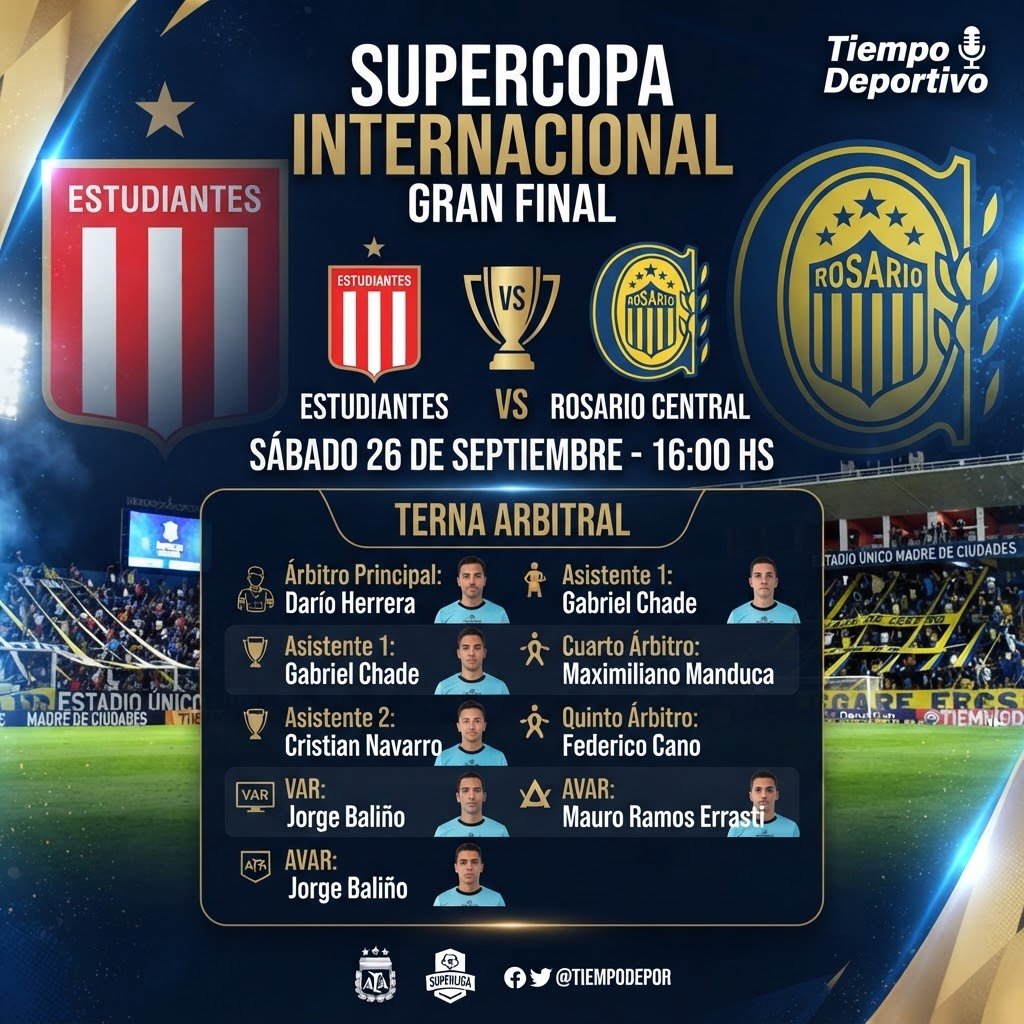 TiempoDeportiv8's tweet photo. Este sábado 26 de septiembre a ñas 16hs Darío Herrera será el árbitro principal para #LaFinal de la Supercopa Internacional entre #EDLP y #RosarioCentral. https://t.co/75eKj7whHG