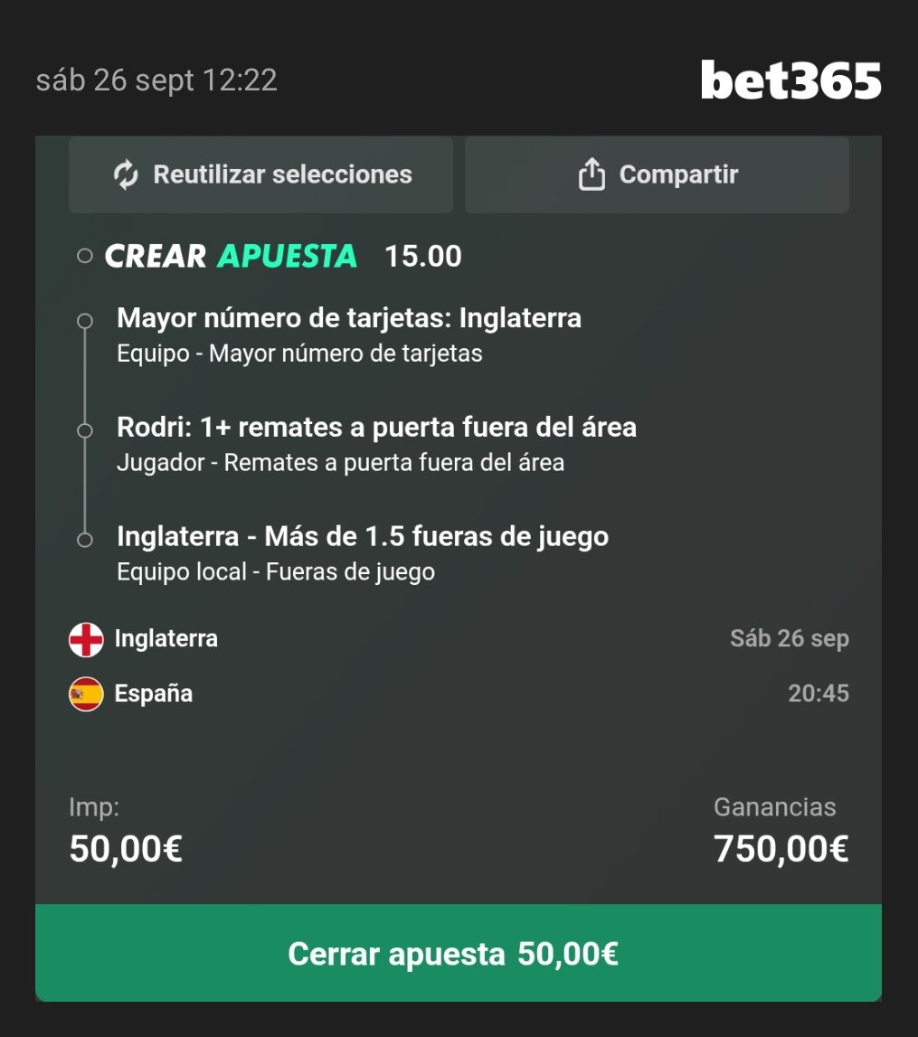 fonticoba85's tweet photo. 🚨 ME HE INVENTADO UN PARTIDO Y BET365 ME PAGA x15 SI OCURRE

🏴󠁧󠁢󠁥󠁮󠁧󠁿 Inglaterra acaba con más tarjetas que España.
🎯 Rodri 1+ remates a puerta desde fuera del área.
🚩 Inglaterra cae 2+ veces en fuera de juego.

💰 50€ ➜ 750€.

No necesito acertar quién gana.

𝗡𝗘𝗖𝗘𝗦𝗜𝗧𝗢 𝗤𝗨𝗘 𝗘𝗟 𝗣𝗔𝗥𝗧𝗜𝗗𝗢 𝗦𝗜𝗚𝗔 𝗠𝗜 𝗚𝗨𝗜𝗢́𝗡