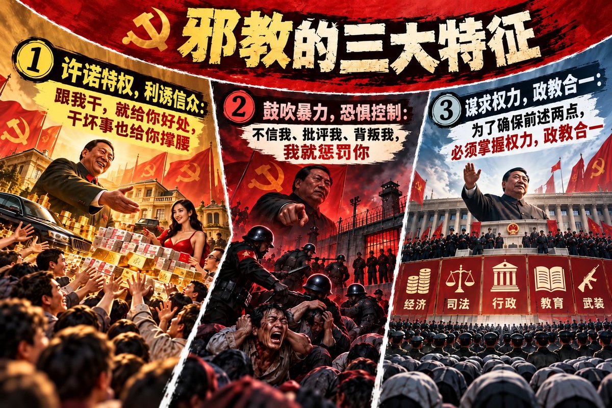 XiaoweiChen1974's tweet photo. 🔥🔥再三普及：邪教的三大特征

【许多仁人志士准确总结了邪教特征，个人感觉，条数太多反而不太方便运用，故斗胆冒昧，仅概为三条。借以识辨，屡试不爽。】

🎯1️⃣许诺特权，利诱信众 

正教约束心中恶念，认为报应面前人人平等。

邪教则强调，信徒们比起其他阶级敌人或异教徒更加平等。此外赋予穷人（人口基数大）针对富人的财产暴力分配权，或赋予男人（孔武有力）凌驾于女人之上的优先支配权。不断放大人们心中的恶欲贪念，通过制造特权幻想，迅速积累支持力量。

🎯2️⃣鼓吹暴力，恐惧控制

正教重在道德教化，出入自由，功过罪罚交付上天。

邪教则推行世俗层面的斗争、革命、专政与暴力刑罚机制，通过不断地竖立敌人营造危机，不断地制造人道灾难与恐惧，从精神到肉体对人们实行全面强力控制。

🎯3️⃣谋求权力，政教合一

正教传播真相，坚守正义，不会以信仰之名追逐世俗权力。

而邪教为了确保前述利诱与威逼的长期有效，必会打着信仰旗号走向权力扩张与垄断，或曰解放，或曰救赎，最终通过经济、司法、行政、教育、武装等所有世俗手段，反过来巩固与推行信仰，形成政教合一封闭体系。