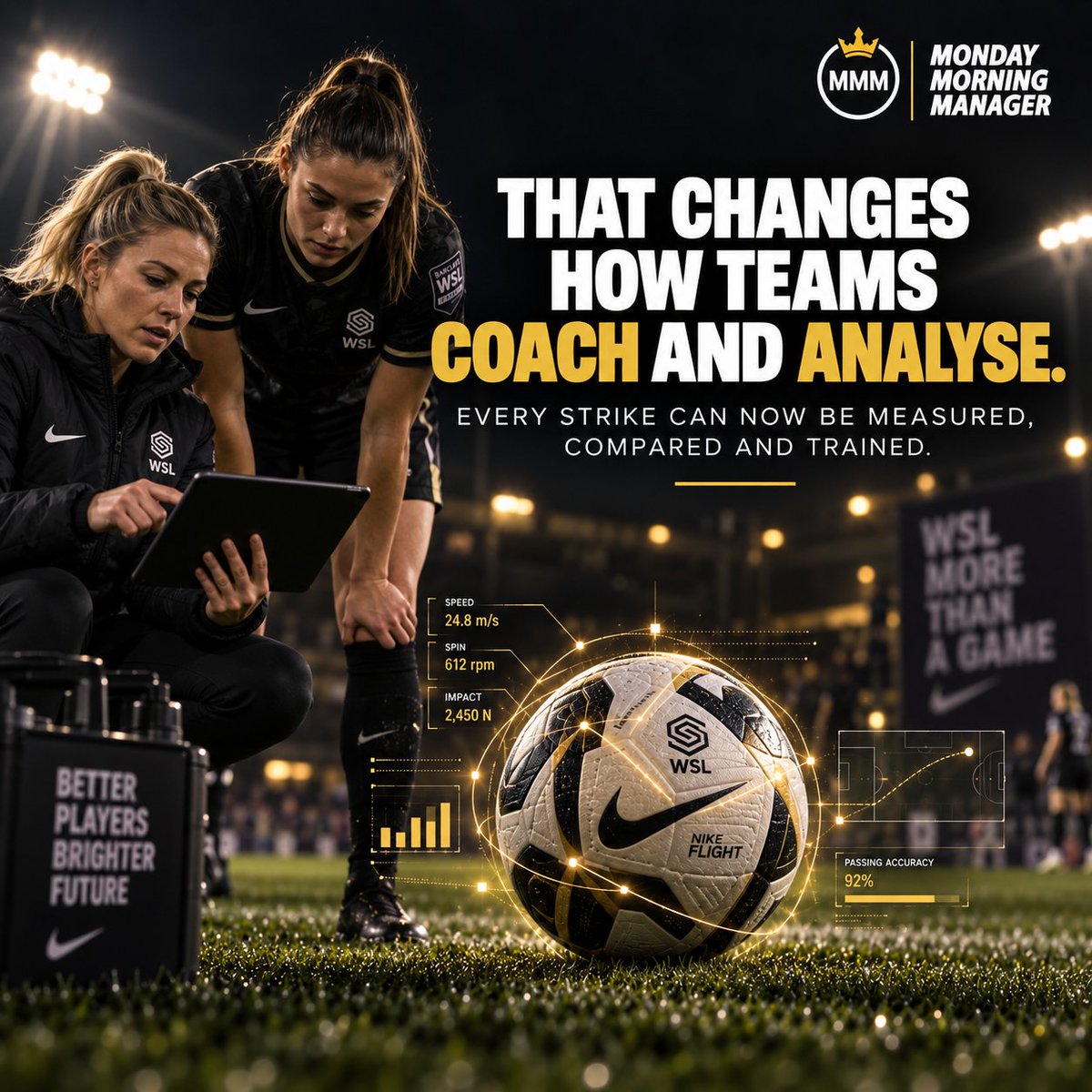 monday_manager's tweet photo. 📊 The WSL is entering a new data era.

The ball can now generate data on speed, spin, flight and movement.

But more data doesn’t guarantee better decisions.

The real edge? Asking better questions. 🧠

Does more data make football better?

🟢 Yes 🟡 Depends 🔴 No

#WSL #MMM https://t.co/U1esEsJPOu