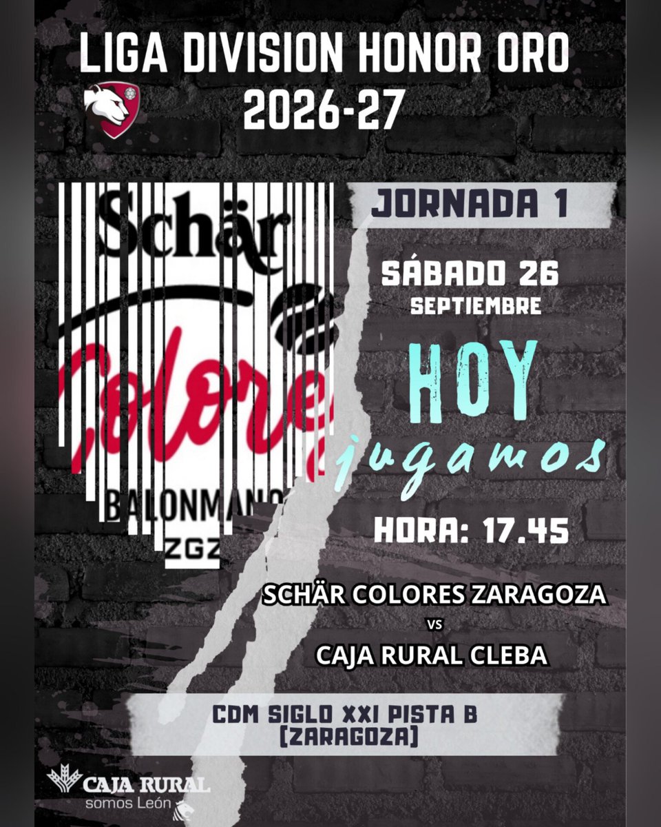 ClebaLeonBm's tweet photo. ¡HOY JUGAMOS!⚫🔴
Día de partido Liga.
📍 Jornada 1 #DHOrofem | CDM Siglo XXI Pista B (Zaragoza)
Schär @cbmcolores Zaragoza 🆚 Caja Rural Cleba
📅 Sábado 26 de septiembre
⌚17.45 h
📱https://t.co/YJQKcD0fXk
#cleba #sumaysigue #30aniversario #balonmano https://t.co/o7246pRouy