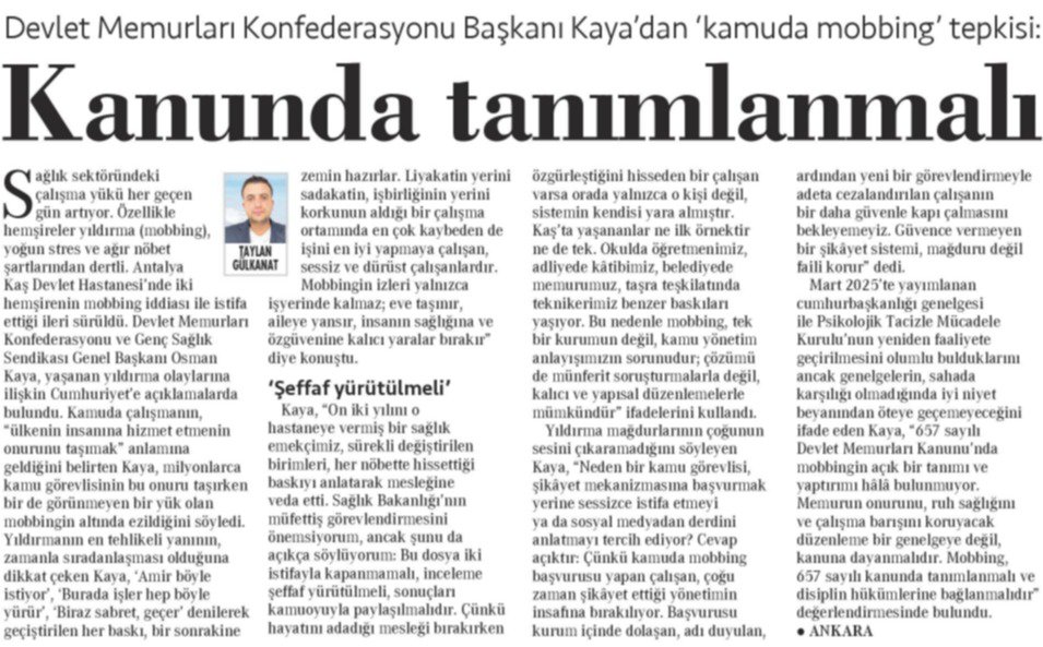 gulkanattaylan's tweet photo. 🔴 Devlet Memurları Konfederasyonu Başkanı Kaya'dan 'kamuda mobbing' tepkisi:

🗣️ "Tükenen her memur, eksilen bir hizmettir!"

@DMKonfederasyon Genel Başkanı @osmkya06 mobbingin 657 sayılı Kanun’da tanımlanarak yaptırıma bağlanmasını istedi.

#mobbing https://t.co/aaeNeCqEfY