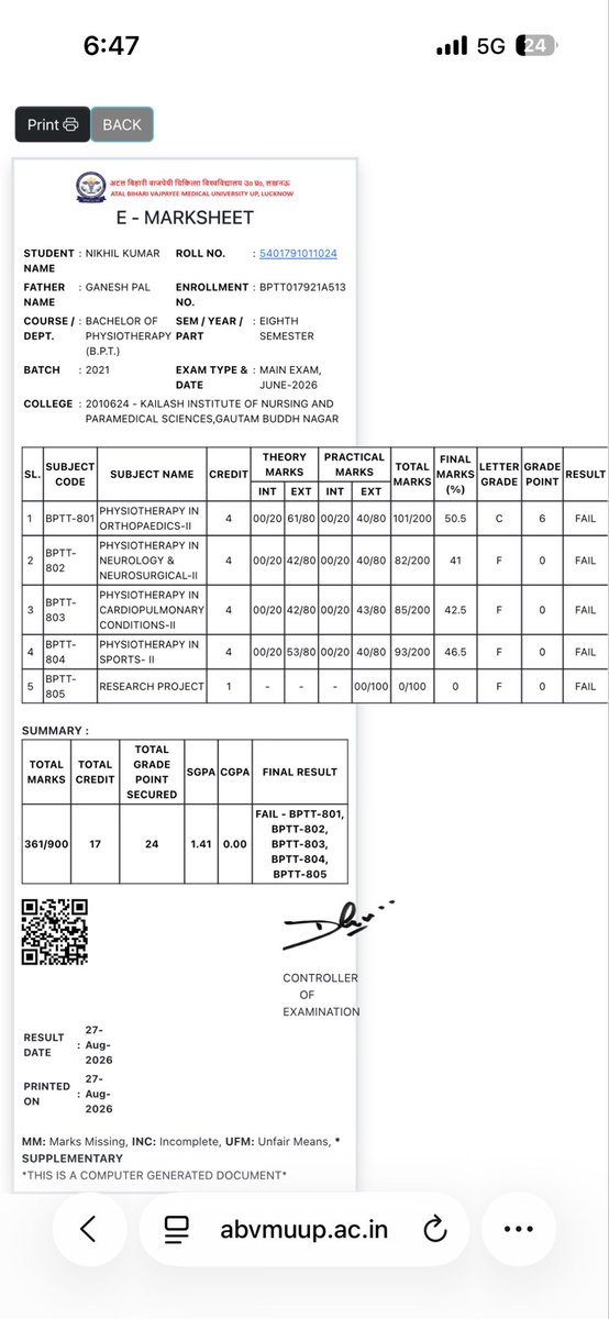 NikhilKumar640's tweet photo. My academic career is being destroyed after a disciplinary dispute with my college.

I am Nikhil Kumar, B.P.T. student at Kailash Institute, Greater Noida.

Despite the Hon’ble High Court permitting me to appear in my final-semester examination, my result now shows ZERO internal/practical marks across multiple subjects and 00/100 in my Research Project, while I received substantial marks from external examiners.

I had submitted my academic work, yet it was not accepted/evaluated.

I am requesting an independent review of my internal assessment and correction of my result if the assessment is found to be unfair or improper.

I have documentary evidence, previous seven semesters’ marksheets and the Hon’ble High Court order.

@abvmuupofficial @MeUPGovt @UPGovt

Please help ensure that a student’s career is not destroyed because of a personal/disciplinary dispute.

#NikhilKumar #StudentJustice #EducationJustice #Physiotherapy
@myogiadityanath @dmgbnagar @Uppolice @UPGovt @kailashinstitut @ZeeNews @EduMinOfIndia @myogioffice