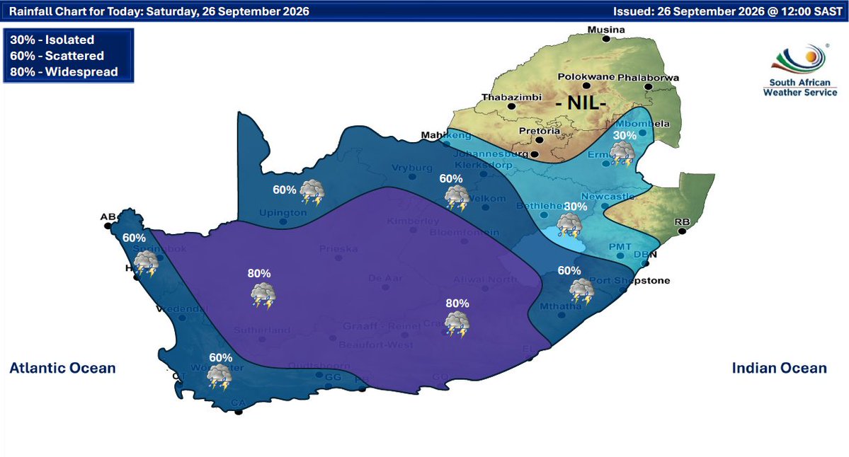 SAWeatherServic's tweet photo. Weather forecast for today &amp; tomorrow: 26-27 September 2026. Partly cloudy &amp; cool conditions are expected, but it will be warm in parts of northern RSA, with isolated to scattered showers &amp; thunderstorms possible over the central, western &amp; eastern parts of the country. https://t.co/wCfjF8iL6k