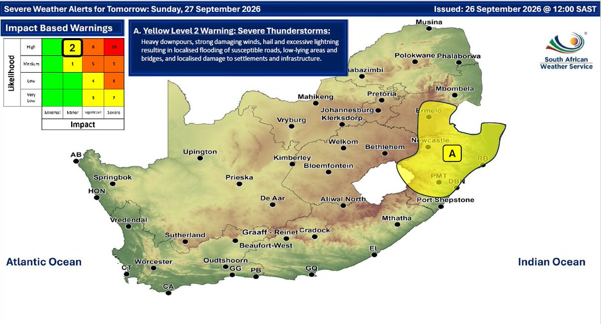 SAWeatherServic's tweet photo. Weather forecast for today &amp; tomorrow: 26-27 September 2026. Partly cloudy &amp; cool conditions are expected, but it will be warm in parts of northern RSA, with isolated to scattered showers &amp; thunderstorms possible over the central, western &amp; eastern parts of the country. https://t.co/wCfjF8iL6k