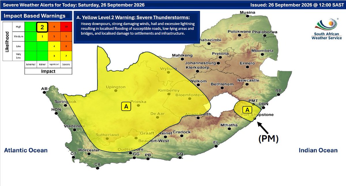SAWeatherServic's tweet photo. Weather forecast for today &amp; tomorrow: 26-27 September 2026. Partly cloudy &amp; cool conditions are expected, but it will be warm in parts of northern RSA, with isolated to scattered showers &amp; thunderstorms possible over the central, western &amp; eastern parts of the country. https://t.co/wCfjF8iL6k