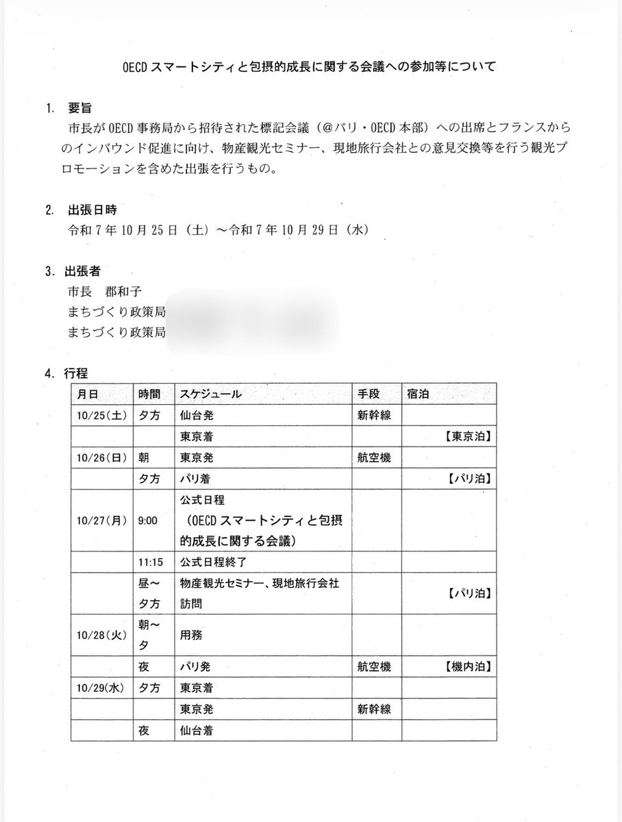 ito_yuta's tweet photo. 【郡和子仙台市長のフランス・パリ海外出張の行程文書を公開する】

郡和子仙台市長が昨年4月と10月に行ったフランス・パリへの海外出張について、市が作成した行程文書を公表します。随行職員の旅費等を含む経費総額は、4月の出張が673万8,640円、10月の出張が729万6,722円で、2回の合計は1,403万5,362円です。

行程文書で「用務」と記載されている時間帯には、観光プロモーション等を行ったと市側は説明しています。