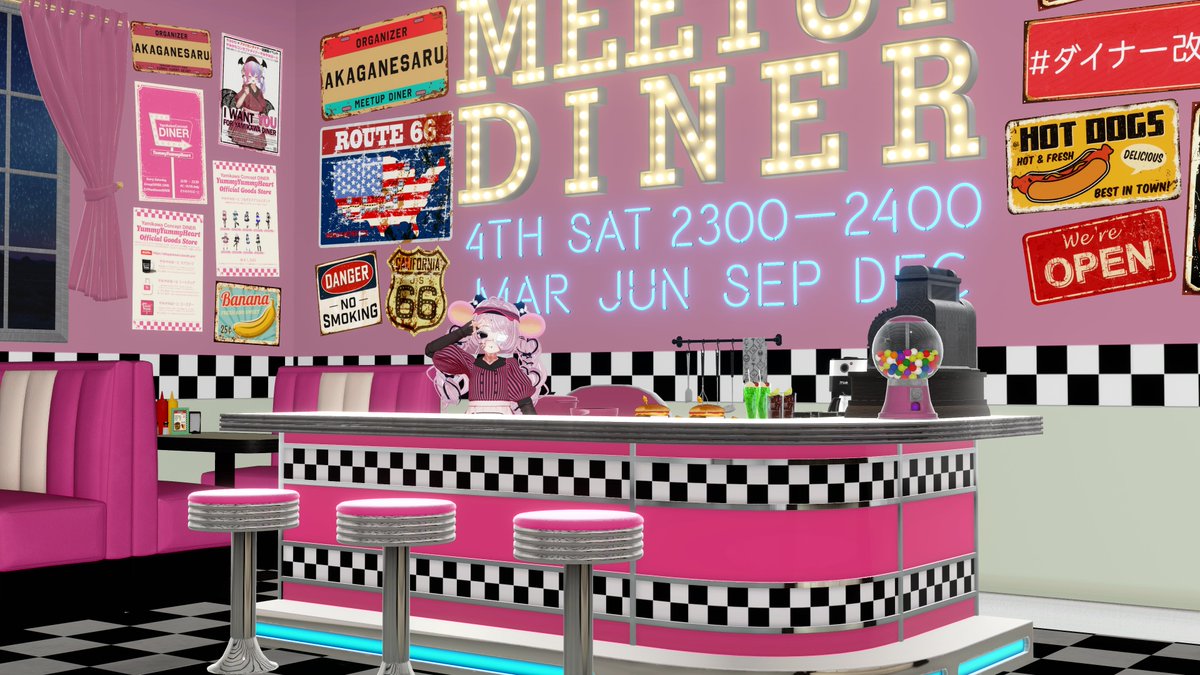 YamikawaDINER's tweet photo. いつもお世話になっております！
やみやみはーと店長のあかがねさるです🖤

本日23時より、アメリカンダイナーをモチーフとした改変アバター集会「MEETUP DINER」を開催します🍔

ダイナー改変が好きな方は、ぜひ遊びにきてね～

詳しい参加方法などは引用元を☑

#ダイナー改変集会 #VRChatイベント https://t.co/t1A3RHiG0Q