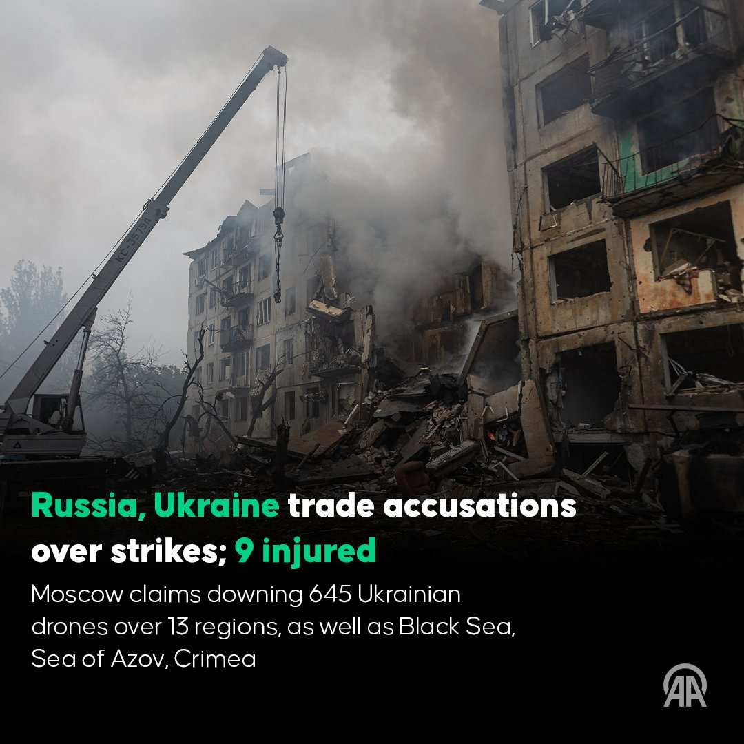 anadoluagency's tweet photo. 🔴 Russia and Ukraine trade accusations over overnight drone strikes, with at least 9 people injured

🚨 5 injured in Russia, 4 in Kyiv https://t.co/DvIDCRYvS8 https://t.co/LvyYzRVvBO