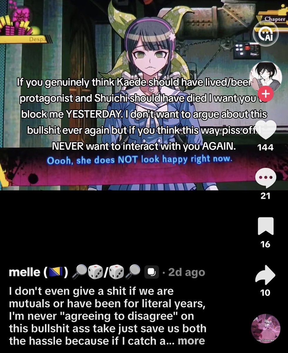 lovchyul's tweet photo. the misogyny in some of these takes is genuinely insane because why are you acting like kaede’s entire purpose as a character was to die so shuichi could become more important 😭 like hello?? are you hearing yourselves?? https://t.co/88BejuhGaC