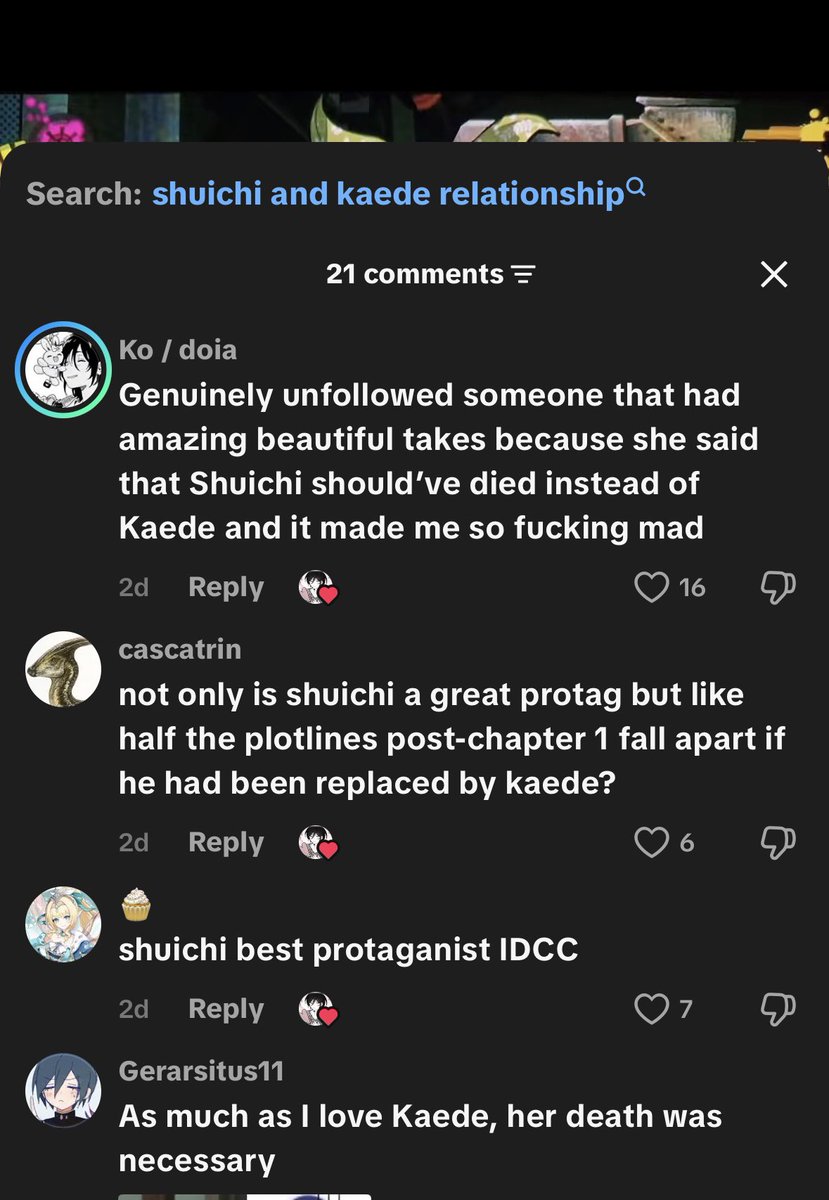 lovchyul's tweet photo. the misogyny in some of these takes is genuinely insane because why are you acting like kaede’s entire purpose as a character was to die so shuichi could become more important 😭 like hello?? are you hearing yourselves?? https://t.co/88BejuhGaC