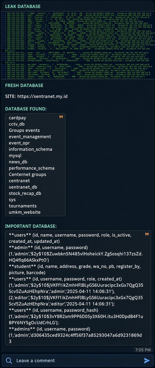 CyberPulse56's tweet photo. ‼️🇮🇩 ALLEGED DATABASE LEAK – https://t.co/LCfW9yUsOw

A post claims a fresh database exposure involving https://t.co/2HrnRKtA10, with a 41.5 KB ZIP archive allegedly containing multiple databases.

📂 Claimed databases include:
• sentranet_db
• centranet
• cardpay
• cctv_db
• event_management / event_opr
• news_db
• stock_recap_db
• tournaments
• umkm_website
• Student and user-management databases

🔐 Claimed fields include: names, usernames, password hashes, roles, account timestamps, student addresses, phone/WhatsApp numbers and administrative records.

⚠️ The alleged breach, database contents, authenticity, affected systems and extent of exposure have not been independently verified. Password hashes, credentials and other sensitive data from the post are not reproduced.

#CyberSecurity #DataBreach #DataLeak #Indonesia #ThreatIntelligence #OSINT #DatabaseSecurity