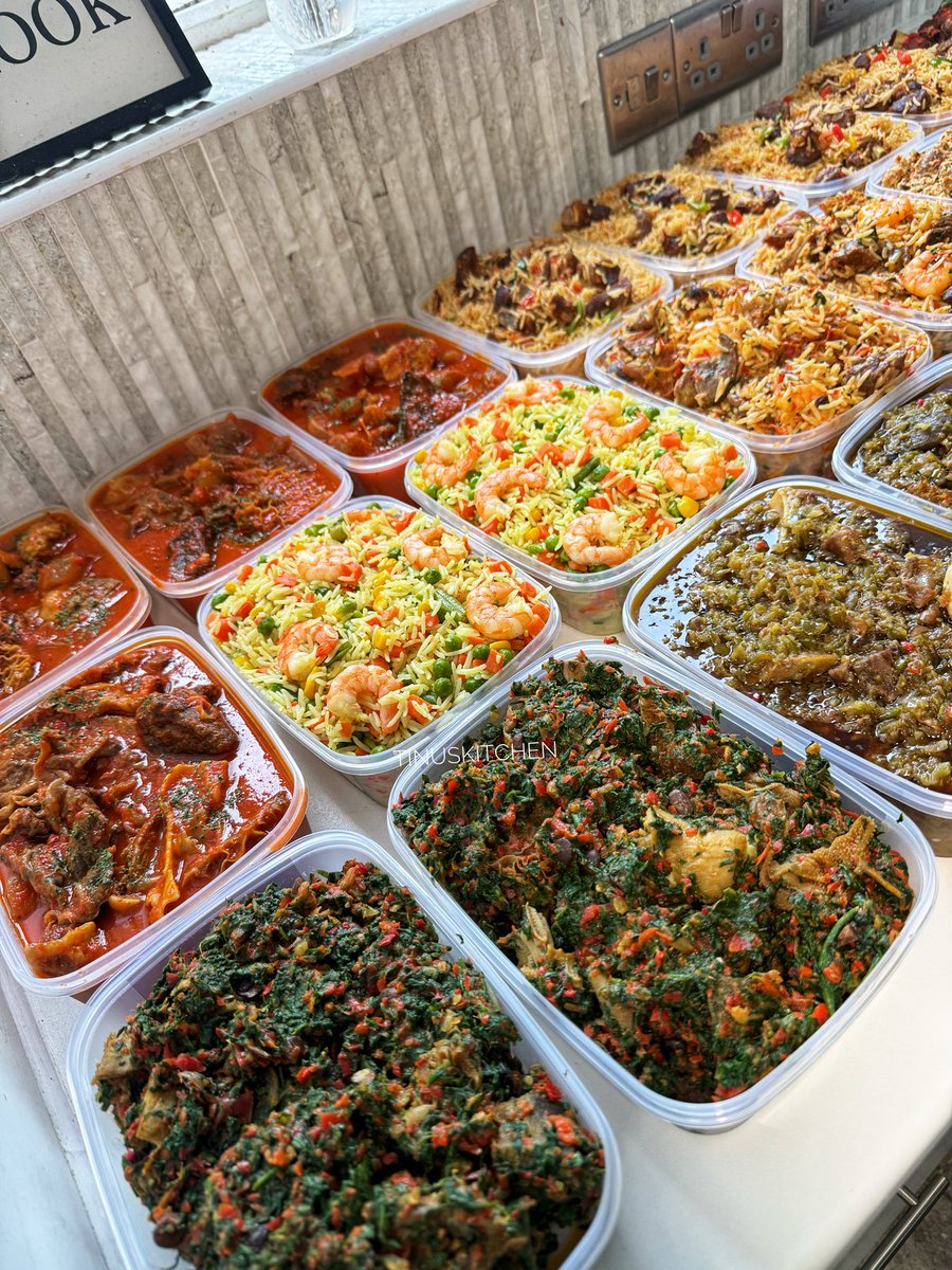 TinuKuye's tweet photo. Jollof rice, Asun fried rice, native Jollof rice, King prawn fried rice, Efo Riro, Egusi, Ofada sauce, Ayamashe sauce, Assorted meat stew, Peppered turkey, Peppered chicken plus Small chops 🥰😋

T for tiredddddd. Off to London https://t.co/WtPxS2zDIU