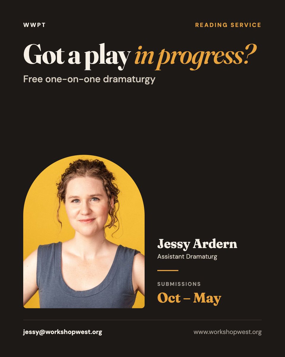 WorkshopWest's tweet photo. Reading Service connects AB playwrights with our Assistant Dramaturg, Jessy Ardern, for 1-on-1 feedback on works in progress.

📅 October 15 to May 15
📝 1 draft per playwright, a stage play (no musicals, TV, or radio)
💸 The service is completely free
https://t.co/px21FLIGO0 https://t.co/e158LLhYFq