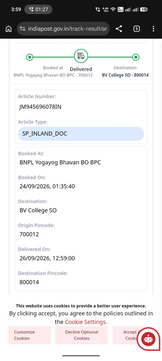 Ravikeshavsing3's tweet photo. @IndiaPostOffice मेरा Article JM945696078IN अभी तक मुझे प्राप्त नहीं हुआ है, लेकिन India Post tracking में इसे 26/09/2026 को Delivered दिखाया जा रहा है।

कृपया इस मामले की जांच कर बताएं कि मेरा कार्ड किसे और कहाँ deliver किया गया है।

कृपया जल्द समाधान करें।
@PMOIndia https://t.co/2cQ8GNYjgZ