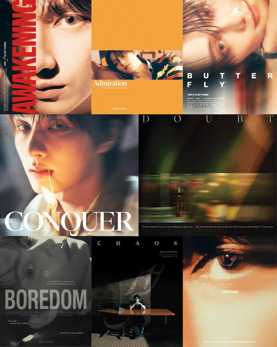 moontomeetyou's tweet photo. JUN ‘9’ 1st EP CHINA Poster 01 - 08
01 Awakening
— Nine wishes, nine doors, and still I never once asked what I wanted. Something moved behind my ribs like a name I'd forgotten how to say. The door was already open. I only had to notice the light
02 Admiration
— I watched you the way flowers watch the sun - never sure if I was growing toward you, or just away from myself
03 Butterfly
— whenever you make a wish, smtg within my heart quietly begins to flutter its wings.
To make your dreams come true, everything that once made me who I was has turned into wisps of light beneath your radiance.
Even if it means giving up who I used to be, I am willing to surrender myself and become a part of your wish.
and at this very moment, that unfamiliar flutter deep within my heart has finally transformed into a radiant butterfly, breaking free from its cocoon
04 Conquer
05 Doubt
— which version of me am I even talking to right now — the one who tells the truth, or the one who's better at pretending? I've lost count
06 Boredom
— I’ve done this so many times the excitement forgot to show up. Still I wait — upside down, patient, bored of my own patience
07 Chaos
— there are too many shadows that look like me, I don’t even know which version of me you’re chasing tonight
08 Inward
— this is the first wish I never had to ask for