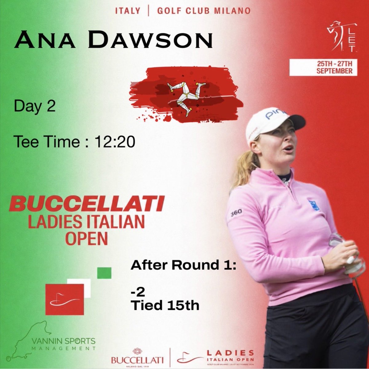VanninSports's tweet photo. Good luck to 🇮🇲’s Ana Dawson in Round 2 of the @LETgolf Ladies Italian Open. Six birdies in yesterday’s round. 

@iomsportsdesk @VisitIOM @ManxRadio https://t.co/3vkOOiEmVa