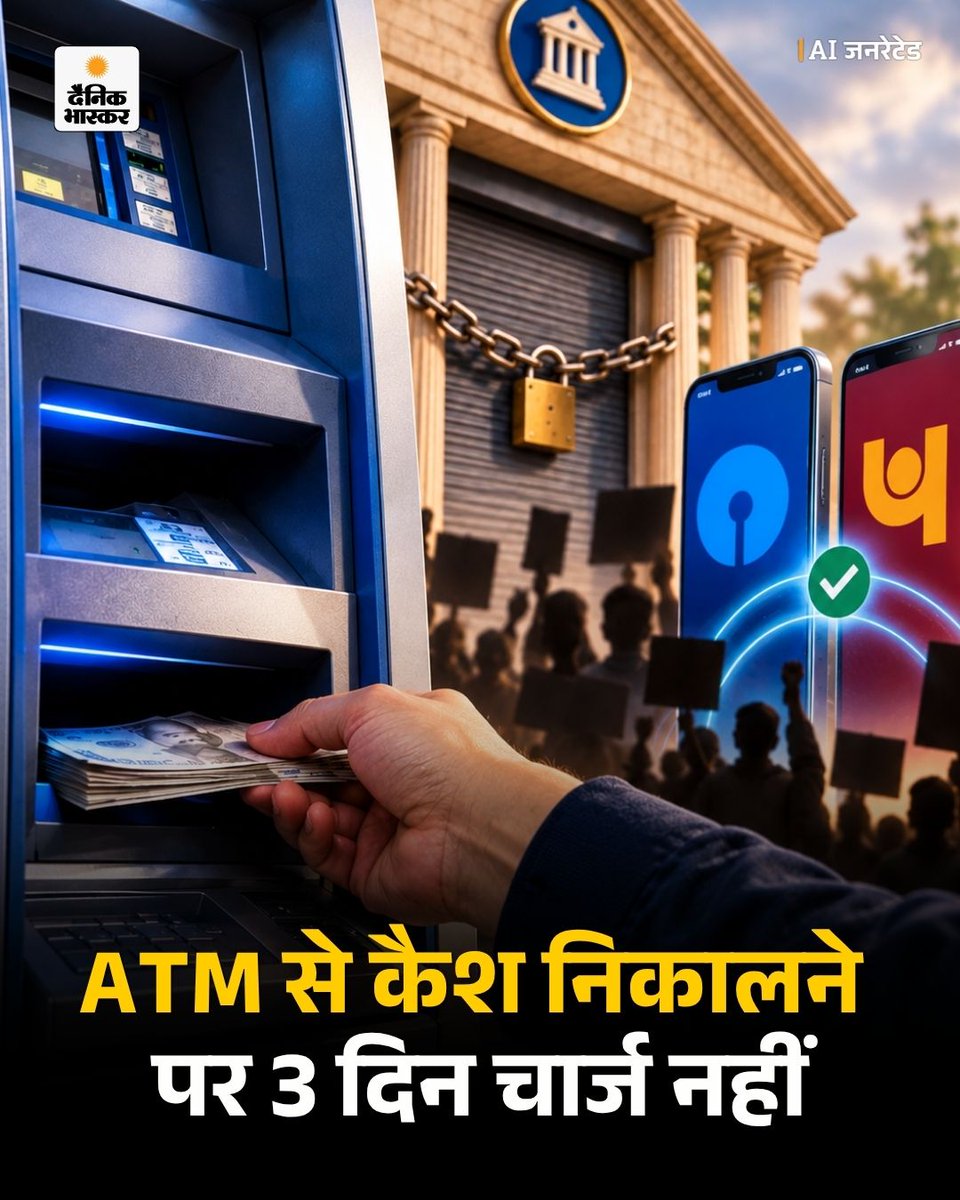 DainikBhaskar's tweet photo. SBI और PNB सहित सभी सरकारी बैंकों के ATM से 3 दिन कैश निकालने पर कोई चार्ज नहीं लगेगा।
https://t.co/4jDlcEyMjM
#SBI #PNB #BankStrike #ATM #CashWithdrawal #BankingNews #ATMCharges #FreeCashWithdrawal #HindiNews https://t.co/doA13WI9f3