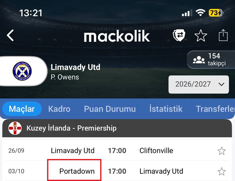 ShadowTipsle's tweet photo. 2021 yılında Glentoran
Larne ile oynayıp
Cliftonville ile 2-1 skor çıkarıyor
Crusaders ile 1/2 yapıyor.
Crusaders sonra Portadown ile oynuyor.

2026 yılında Cliftonville
Larne ile oynayıp
Glentoran ile 2-1 skor çıkarıyor
Limavady ile 1/2 ??
Limavady sonra Portadown ile oynuyor. https://t.co/QInpNtBS6G