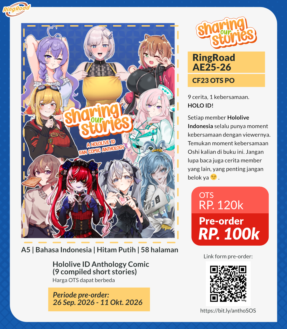 kuritikamu's tweet photo. ❤️&amp; 🔁appreciated!
"Sharing Our Stories"
Hololive ID-girls anthology open pre-order!

📅 PO : 26 Sep - 11 Okt 2026
📦 OTS &amp; mail (local)
📍RingRoad AE25-26 @ CF23 (both days)

Form bisa scan code atau link pada reply
#cf23 #cf23catalogue https://t.co/ambv3arBTA