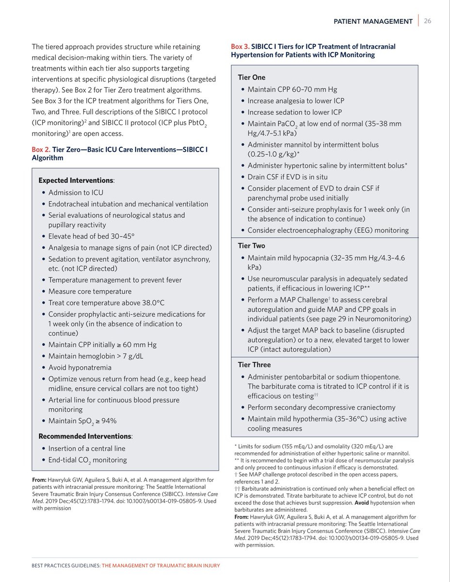 JollyERv2's tweet photo. 🧠 Best Practices Guidelines: The Management of Traumatic Brain Injury - American College of Surgeons (ACS) 2024 
- ดูแลรักษา TBI อย่างไร ไม่ให้เกิด "Secondary Brain Injury" ซ้ำเติมสมองที่บาดเจ็บอยู่แล้ว
- ครอบคลุมตั้งแต่ Pre-hospital, ER, ICU, Surgery, Rehabilitation, Post-acute care follow-up 
- รวมถึงการเพิ่มเนื้อหาใหม่ เช่น imaging, blood-based biomarkers, pharmacotherapy, rehabilitation โดยเน้นการดูแลแบบ multidisciplinary ตลอดเส้นทางการรักษาผู้ป่วย TBI

🚑 Pre-hospital care 
- โดยผู้ป่วยที่สงสัย TBI และเข้าเกณฑ์ high-risk เช่น GCS < 13, GCS motor < 6, skull deformity/fracture, signs of basilar skull fracture, penetrating head injury ควรถูกส่งไปยัง trauma center ระดับสูงสุดที่สามารถเข้าถึงได้อย่างรวดเร็ว
- ระหว่าง transport ต้องเฝ้าระวังและแก้ไขภาวะ hypotension, hypoxia, hypercarbia, hypothermia พร้อมประเมิน GCS ซ้ำเป็นระยะ 
- ควรรายงาน GCS แยกเป็น E/V/M โดยเฉพาะ motor score ไม่ใช่บอกเพียง total score อย่างเดียว

👀 Neurologic assessment
- GCS ยังคงเป็นเครื่องมือหลักในการประเมิน consciousness แต่ guideline เน้นว่าในผู้ป่วยแต่ละรายควรบันทึก Eye, Verbal, Motor แยกกัน เพราะแต่ละ component ให้ข้อมูลที่แตกต่างกัน
- โดยใน severe TBI ตัว motor score มีความสัมพันธ์กับ outcome มากกว่า
- อีกอย่างที่สำคัญคือ pupillary response โดย new anisocoria หรือ pupil ที่เริ่มตอบสนองช้าอาจเป็น warning sign ของ brainstem compression/uncal herniation 
- ส่วน quantitative pupillometry สามารถให้ข้อมูลที่ reproducible ได้ดีกว่ากว่าการประเมินด้วยตาเปล่า (ถ้ามี)

🖥️ CT สำคัญมาก ** แต่ "CT negative ≠ ไม่มี TBI"
- Non-contrast CT brain ยังคงเป็น cornerstone ของ acute TBI เพราะเร็วและเหมาะสำหรับใช้ค้นหา acute intracranial injury ที่อาจต้องผ่าตัด
- แต่ Negative head CT does not rule out a TBI !!
- MRI มี sensitivity สูงกว่า CT ในการค้นหา small contusion, small extra-axial hematoma, microhemorrhage, traumatic axonal/microvascular injury 
- MRI จึงมีบทบาทเมื่อยังมี unexplained alteration of consciousness หรือ persistent neurologic symptoms/deficits ที่ผล CT ไม่พบความผิดปกติ
** ในเด็กควรใช้ validated decision rule เช่น PECARN เพื่อลด CT ที่ไม่จำเป็น โดยเด็กบางรายที่ GCS 15 และไม่มี high-risk finding อาจใช้ observation 4-6 ชั่วโมงแทนการทำ imaging ทันที (ตามบริบท)

🧪 Blood biomarker
- Guideline เพิ่มบทบาทของ GFAP และ UCH-L1 ในผู้ใหญ่อายุ ≥ 18 ปีที่สงสัย TBI เพื่อช่วยลดความจำเป็นในการทำ CT ในผู้ป่วยที่เหมาะสม 
- โดยเน้นกลุ่ม GCS 13-15 ที่ตาม clinical decision rule มีข้อบ่งชี้พิจารณา CT แต่ clinician ประเมินว่าความเสี่ยง traumatic ICH ต่ำแต่ไม่เป็นศูนย์ ?!
** จุดสำคัญคือ biomarker ไม่ได้มาแทน clinical assessment และผล biomarker elevate ไม่ได้แปลว่า CT ต้อง positive เสมอไป !!

🎯 ER/ICU Targets
- หลัง initial resuscitation เป้าหมายคือการรักษา physiology ให้อยู่ใกล้ normal range โดยไม่ควรไล่ตัวเลขแบบเป๊ะๆ 
- สำหรับ TBI guideline กำหนดเป้าหมายสำคัญตามนี้
→ SpO₂ ≥ 94%, PaO₂ 80-100 mmHg, PaCO₂ 35-45 mmHg
→ SBP ≥ 110 mmHg, ICP < 22 mmHg, CPP 60-70 mmHg
→ Na 135-145 mEq/L, Temperature 36-37.9°C
→ Glucose 100-180 mg/dL, Hb ≥ 7 g/dL
** ที่สำคัญคือการหลีกเลี่ยงภาวะ hypotension เพราะสมองที่บาดเจ็บต้องพึ่ง cerebral perfusion ที่เพียงพอ รวมถึงการรักษาไข้อย่างจริงจัง

🧠 ICP
- Guideline ใช้ ICP 22 mmHg เป็น practical initial threshold ในการเริ่มรักษา แต่เมื่อกำลังจะ escalate ไป intervention ที่มีความเสี่ยงสูง เช่น decompressive craniectomy อาจพิจารณาภาพรวมและช่วง ICP ประมาณ 20-25 mmHg ร่วมกับ physiology อื่นแทน
- CPP practical target อย่างน้อยประมาณ 60 mmHg และเป้าหมายโดยทั่วไปอยู่ที่ 60-70 mmHg แต่สามารถ individualize ตาม cerebral autoregulation ได้

#ERร่าเริง #TraumaticBrainInjury #TBI #HeadInjury #NeuroTrauma #NeurocriticalCare #EmergencyMedicine #ER #CriticalCare #ICU