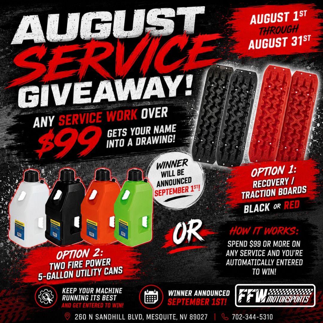 timotscott57545's tweet photo. AUGUST SERVICE GIVEAWAY! From August 1–31, every service invoice of $99 or more earns one entry. One winner can choose recovery boards or two Fire Power 5-gallon utility cans. Winner announced September 1. FFW Motorsports, Mesquite, NV https://t.co/CxxnNNmGmt